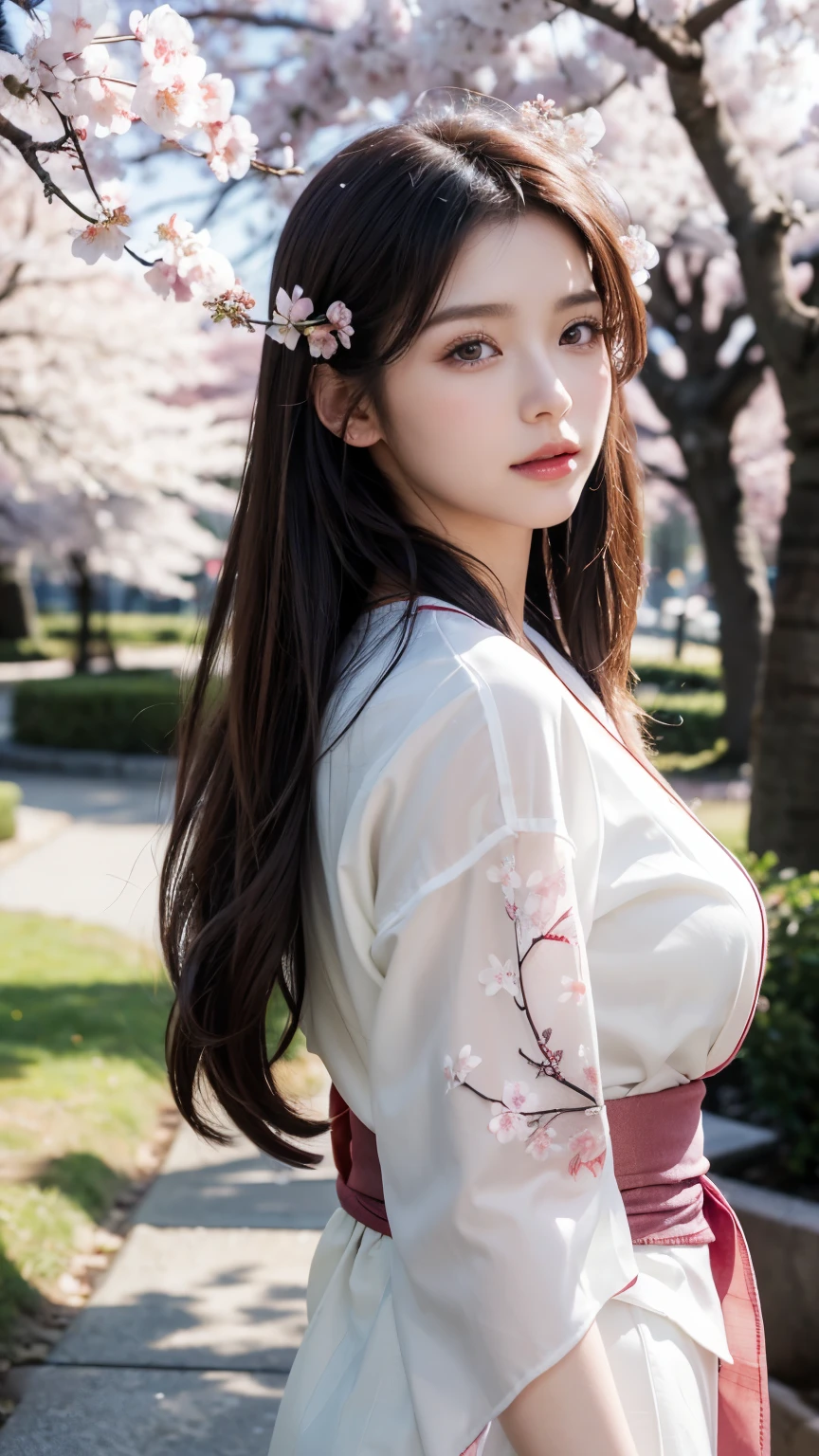 (Logo, Masterpiece, 8k, Tabletop, RAW Photo, Amazing, Top Quality, Photorealistic and Highly Detailed CG Integrated 8k Wallpaper, High Quality, Highly Detailed, Narrative Poetry, Particle Effects, Dynamic Effects, Character Boundary Depth, Cinematic lights, lens flares, ray tracing), fantasy, (single beautiful woman, white kimono, Japanese clothing, white cherry blossom pattern, white cherry blossom embroidery pattern, black hair, beautiful face, real face, beautiful eyes in detail, beautiful skin, long hair) Hair fluttering in the wind, long hair bouncing, long hair dancing in the wind), (cherry blossoms, cherry tree, cherry blossom petals dancing, cherry blossom blizzard, falling petals), hair fluttering in the wind, hair bouncing, pink cherry blossoms, Dancing petals, cherry blossom snowstorm, wonderful scenery, sunrise, background sun, wind, gods, teeth, stories of gods, vast land