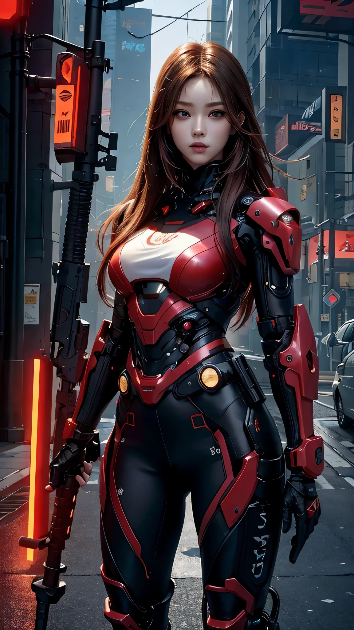 photorealistic, high resolution, soft light,1women, solo, hips up, (detailed face), red long hair, cybersamurai, cyborg, cyberpunk, cyber armor, holding weapon,glowing,on the street , kimono , sniper looking at the target.