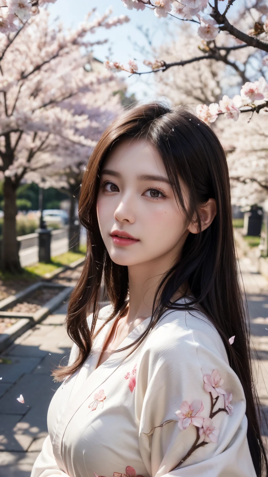 (Logo, Masterpiece, 8k, Tabletop, RAW Photo, Amazing, Top Quality, Photorealistic and Highly Detailed CG Integrated 8k Wallpaper, High Quality, Highly Detailed, Narrative Poetry, Particle Effects, Dynamic Effects, Character Boundary Depth, Cinematic lights, lens flares, ray tracing), fantasy, (single beautiful woman, white kimono, Japanese clothing, white cherry blossom pattern, white cherry blossom embroidery pattern, black hair, beautiful face, real face, beautiful eyes in detail, beautiful skin, long hair) Hair fluttering in the wind, long hair bouncing, long hair dancing in the wind), (cherry blossoms, cherry tree, cherry blossom petals dancing, cherry blossom blizzard, falling petals), hair fluttering in the wind, hair bouncing, pink cherry blossoms, Dancing petals, cherry blossom snowstorm, wonderful scenery, sunrise, background sun, wind, gods, teeth, stories of gods, vast land