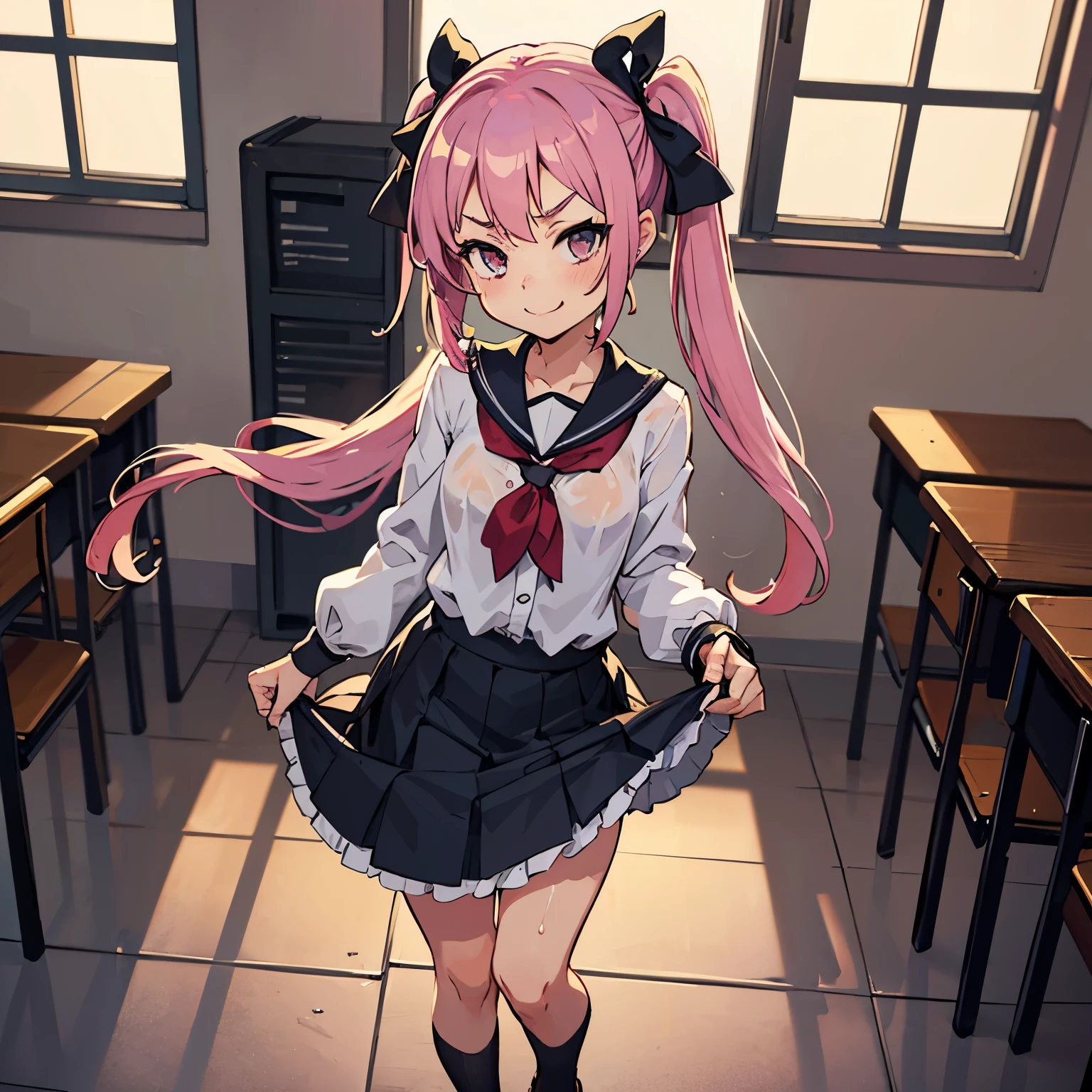 Girl with pink hair, long twin-tail hairstyle, small bushy eyebrows, dressed in gothic lolita clothes, lolicon (Zankuro) drawing style by zankuro artist, Zancrow style, image uploaded to R34, walking to school, flirty smile, lifting her skirt to show her vagina wet with semen, standing in the middle of a class full of children