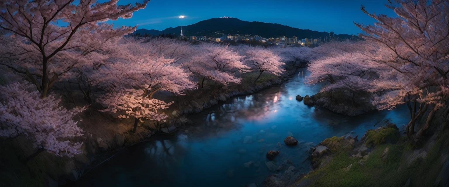 ((ultra wide angle theme:1.6)),(ultra wide angle shot:1.6), ((from above:2.0)), 8mm lens, lens flair, panorama, sakura, blue hour, dynamic, cinematic, ultra detailed, ultra high res, best quality, 