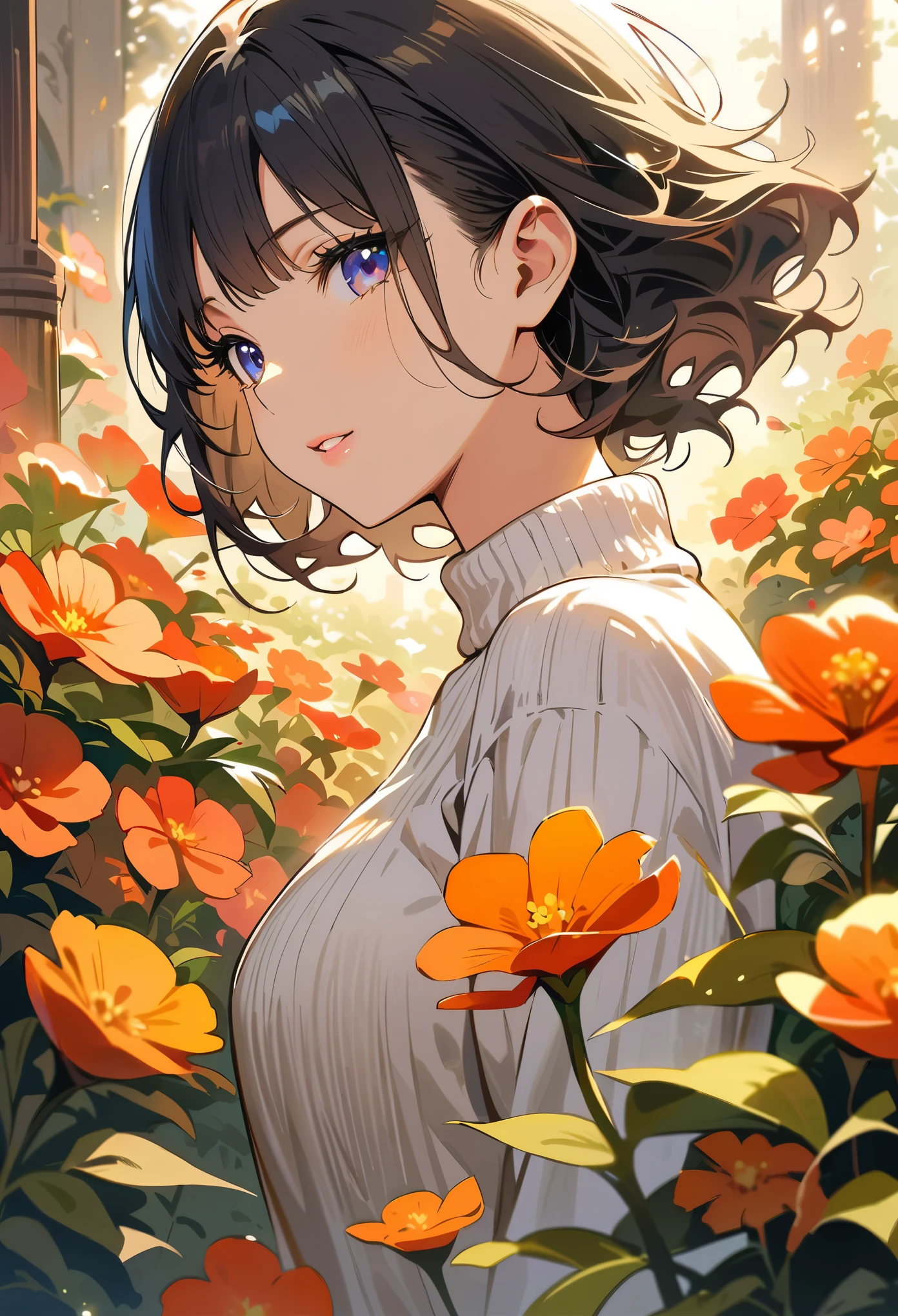 (best quality:1.2),1girl,long black hair,white turtleneck sweater,sports shorts,pantyhose,beautiful detailed eyes,beautiful detailed lips,extremely detailed eyes and face,long eyelashes,serene expression,graceful posture,overlooking a lush garden, surrounded by blooming flowers,soft sunlight casting ethereal shadows,peaceful atmosphere,influenced by classical oil paintings,portrait style,vibrant colors,warm color tones,soft lighting,subtle bokeh effects
