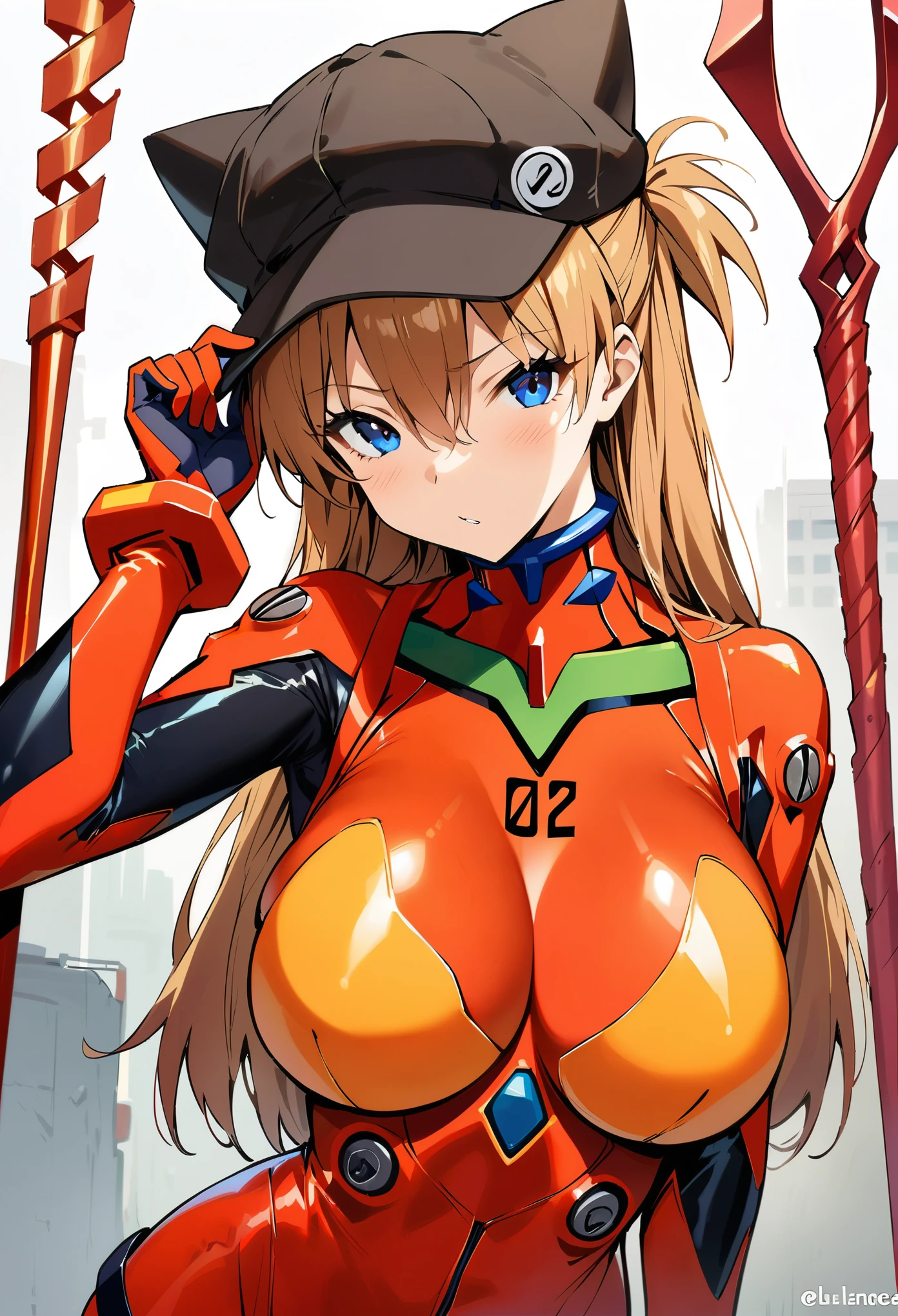 (masterpiece, best quality:1.2), 1girl, solo, souryuu asuka langley, neon genesis evangelion, rebuild of evangelion, lance of longinus, cat hat, plugsuit, pilot suit, red bodysuit,huge tit
