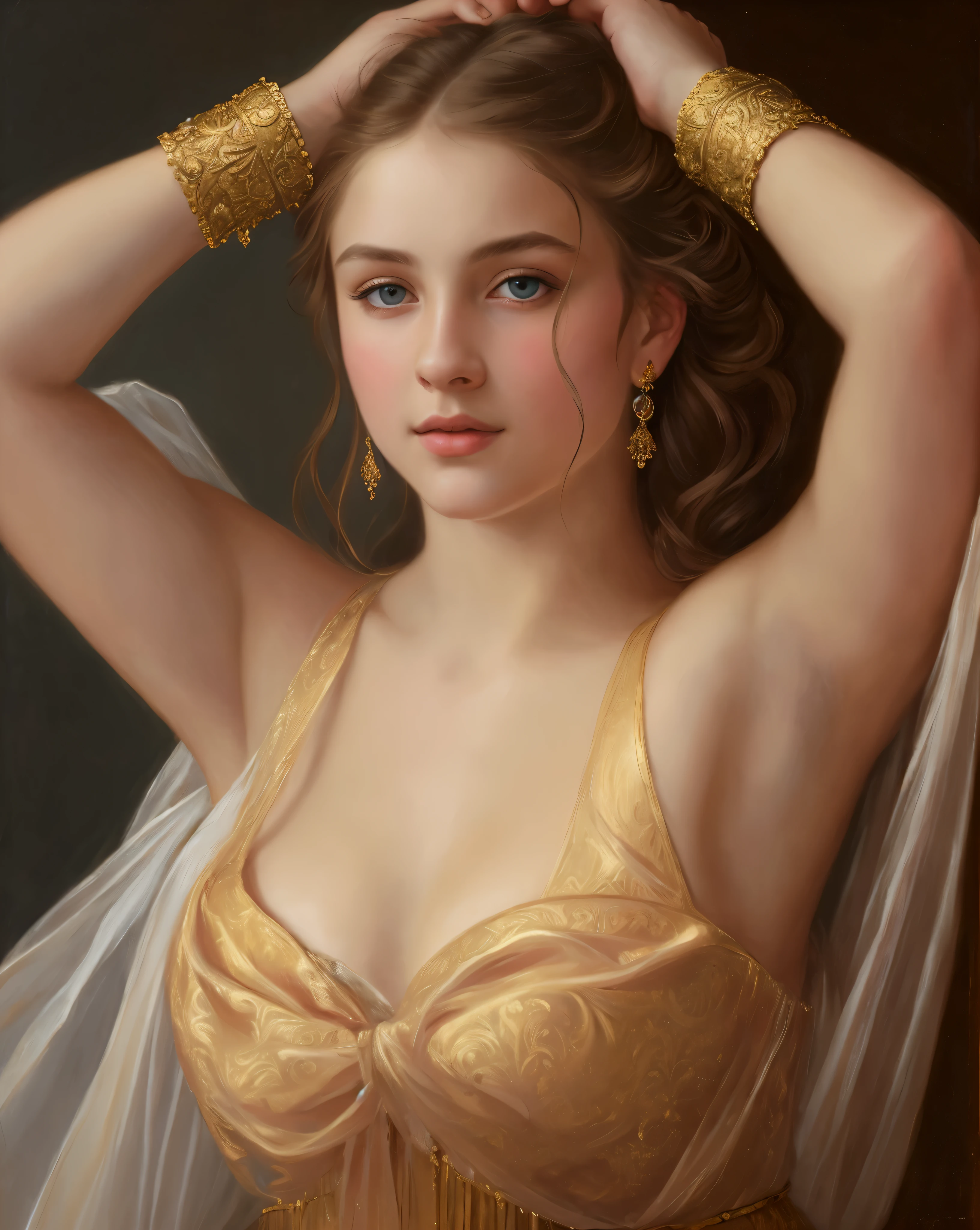 portrait, girl, middle ages, classicism, andrey atroshenko style, painting, pierced eyes, beautifully styled hair, traditional media, realistic, figurative, fine art, oil on canvas, HDR, 8K, original character, high resolution, high detail, focus on the face, beautiful eyes , perfect fingers, intricate details,