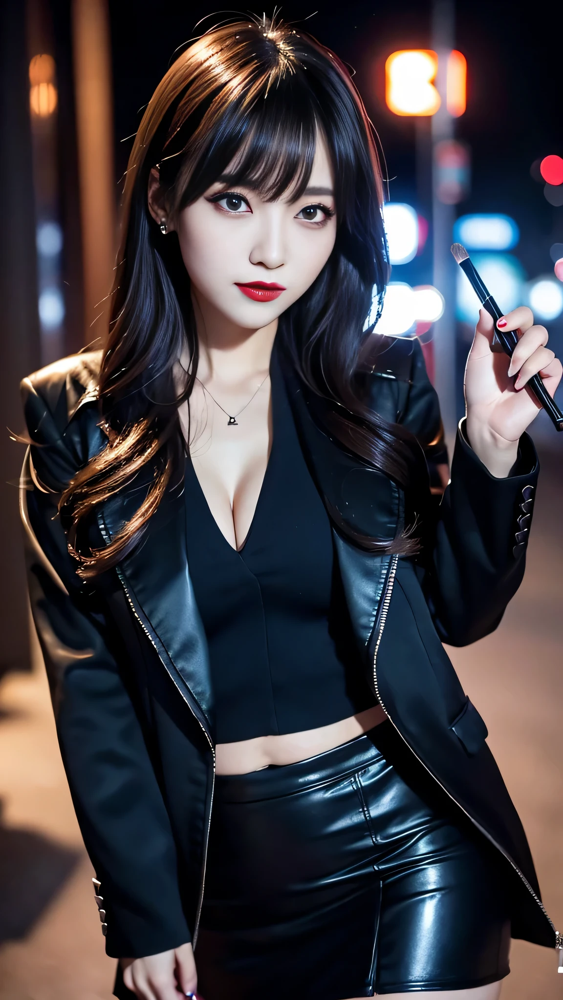 Super detailed、Japanese、charming beauty、seductive adult woman、Beautiful woman、sharp eyes、cool girl、wavy hair、flowing bangs、suit、Jacket、blouse、Tight Skirt、pantyhose、beautiful feet、evilの幹部、evil depravity、brainwashing、Mind control、lipstick、grin、evilな表情、evil、empty eyes、evil、church at night、vampire、Succubus、vampire、Possessed and turned black、makeup brush