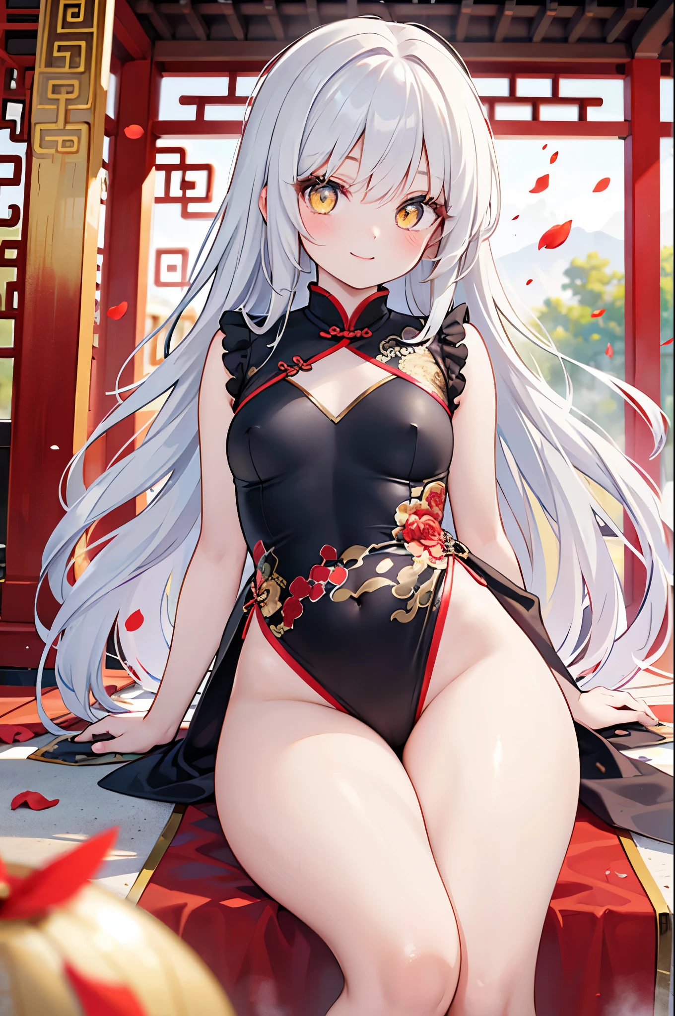 realistic image, coherent image, detailed image, 1 beautiful girl. She has silver hair, long hair. Yellow eyes, long eyelashes. Her face is oval and delicate. Smiling. She wears a red Cheongsam, side slits. She has a curvy body, small breasts and thick thighs. Chinese temple, flower petals falling around. ambient light, volumetric light,
