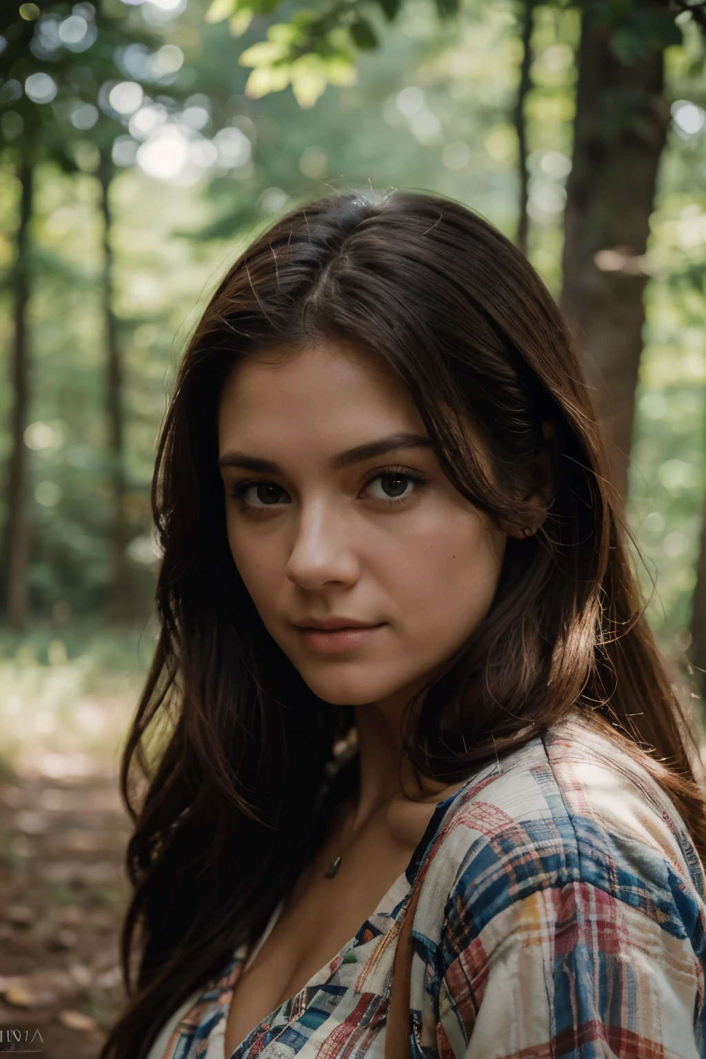 Brazos a los lados, retrato, Closeup, Looking at camera, La mejor calidad, Parte superior del cuerpo, camisa, Mujer en el bosque, EricaCampbell, nikon d850 film stock photograph 4 kodak 400 camera f1.6 lens rich colors hyper realistic lifelike texture natural lighting trending on artstation cinestill 800, (Lente de 100 mm), Cabello largo