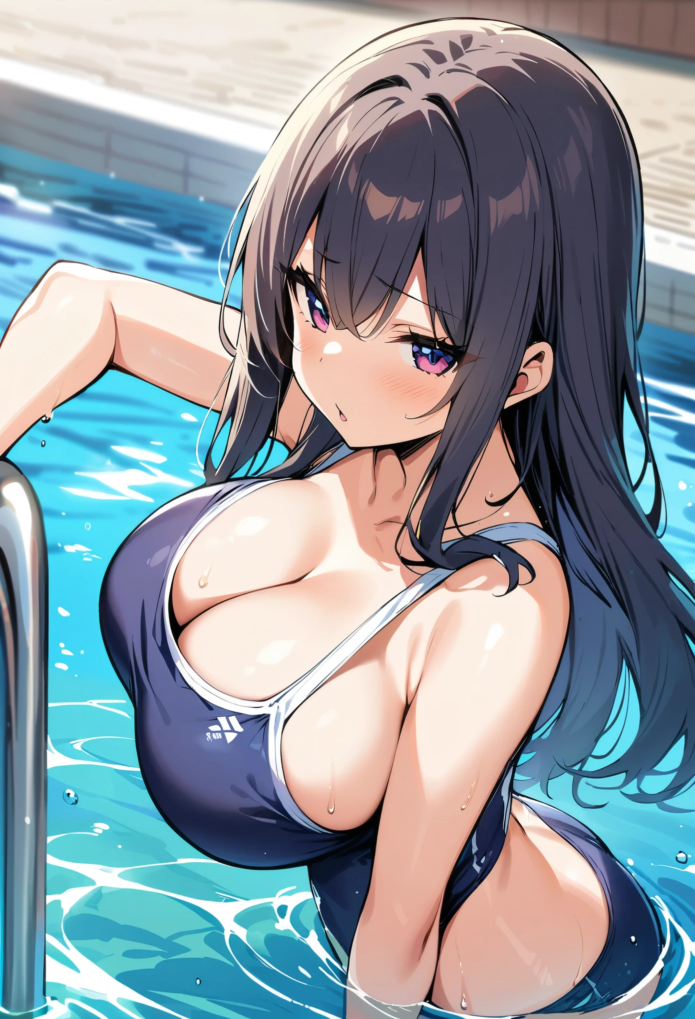 (masterpiece, best quality:1.2), 1girl, solo, long hair，School swimsuits,in swimming pool,huge tit,JK
