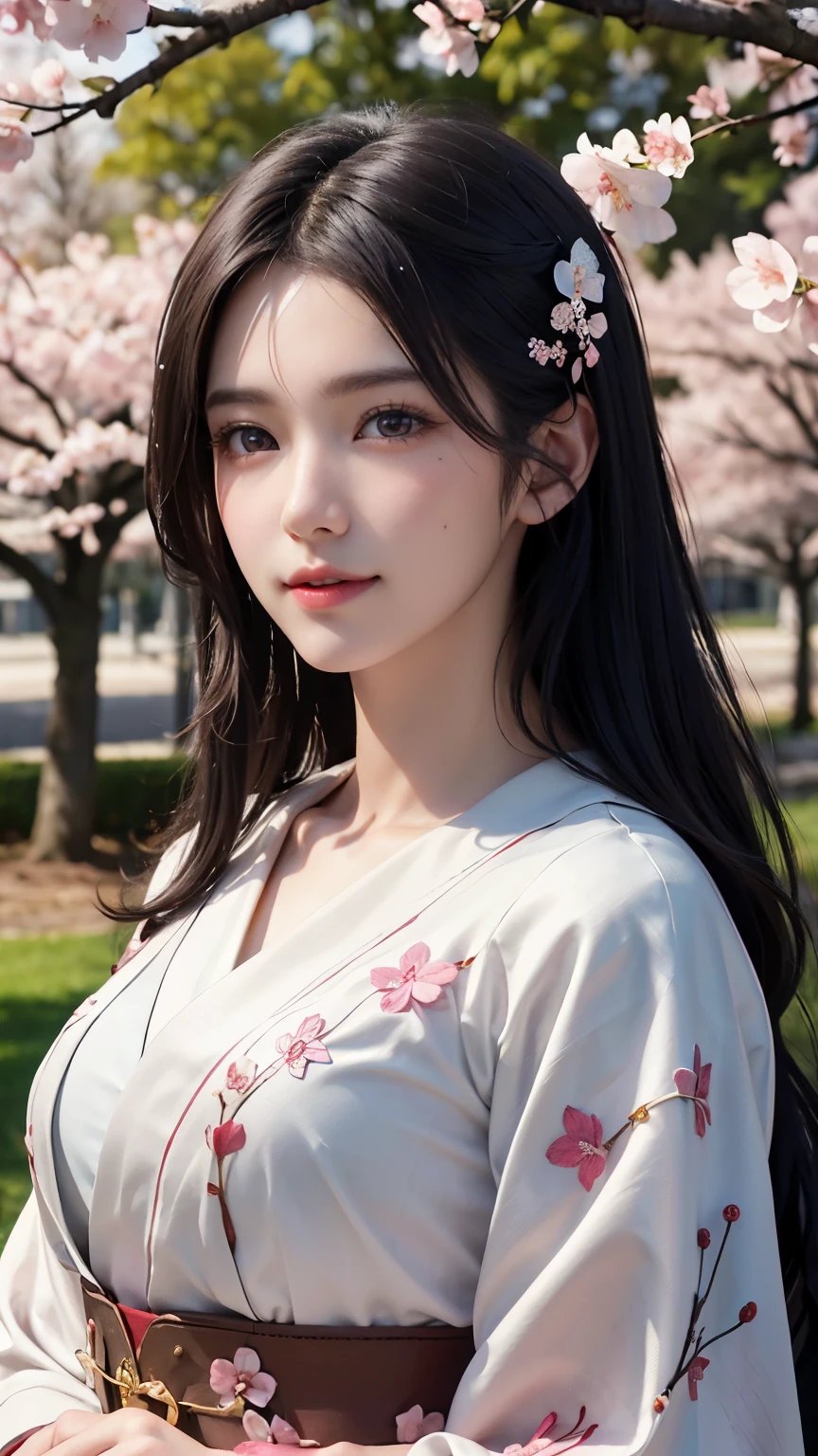 (Logo, Masterpiece, 8k, Tabletop, RAW Photo, Amazing, Top Quality, Photorealistic and Highly Detailed CG Integrated 8k Wallpaper, High Quality, Highly Detailed, Narrative Poetry, Particle Effects, Dynamic Effects, Character Boundary Depth, Cinematic lights, lens flares, ray tracing), fantasy, (single beautiful woman, white kimono, Japanese clothing, white cherry blossom pattern, white cherry blossom embroidery pattern, black hair, beautiful face, real face, beautiful eyes in detail, beautiful skin, long hair) Hair fluttering in the wind, long hair bouncing, long hair dancing in the wind), (cherry blossoms, cherry tree, cherry blossom petals dancing, cherry blossom blizzard, falling petals), hair fluttering in the wind, hair bouncing, pink cherry blossoms, Dancing petals, cherry blossom snowstorm, wonderful scenery, sunrise, background sun, wind, gods, teeth, stories of gods, vast land