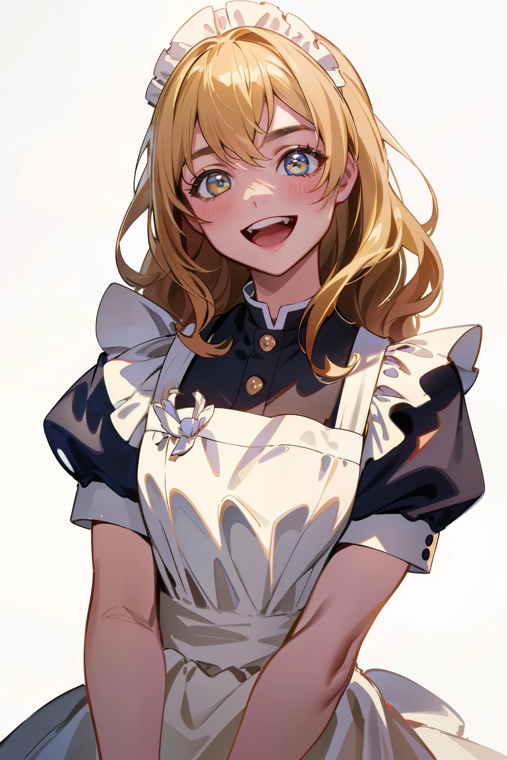 (8K、highest quality、highest quality、masterpiece、very detailed: 1.2)、1 girl、Upper body、what women have、 (margot robbie) It's similar to、blonde、smile、laughing、Maid clothes、可愛いMaid clothes、Facing to the left、medium long hair