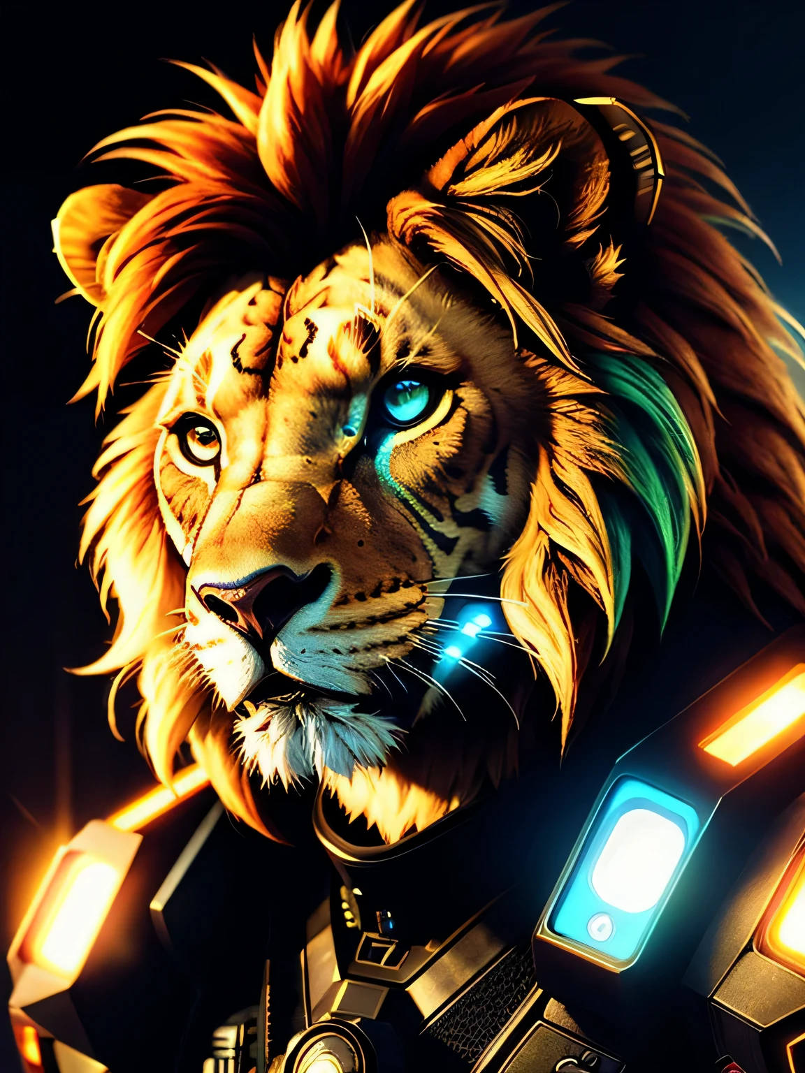 a beautiful portrait of a cute cyberpunk lion, cyberpunk animal, multicolor scheme, high key lighting, volumetric light, digital art, highly detailed, fine detail, intricate, ornate, complex, octane render, unreal engine, photorealistic