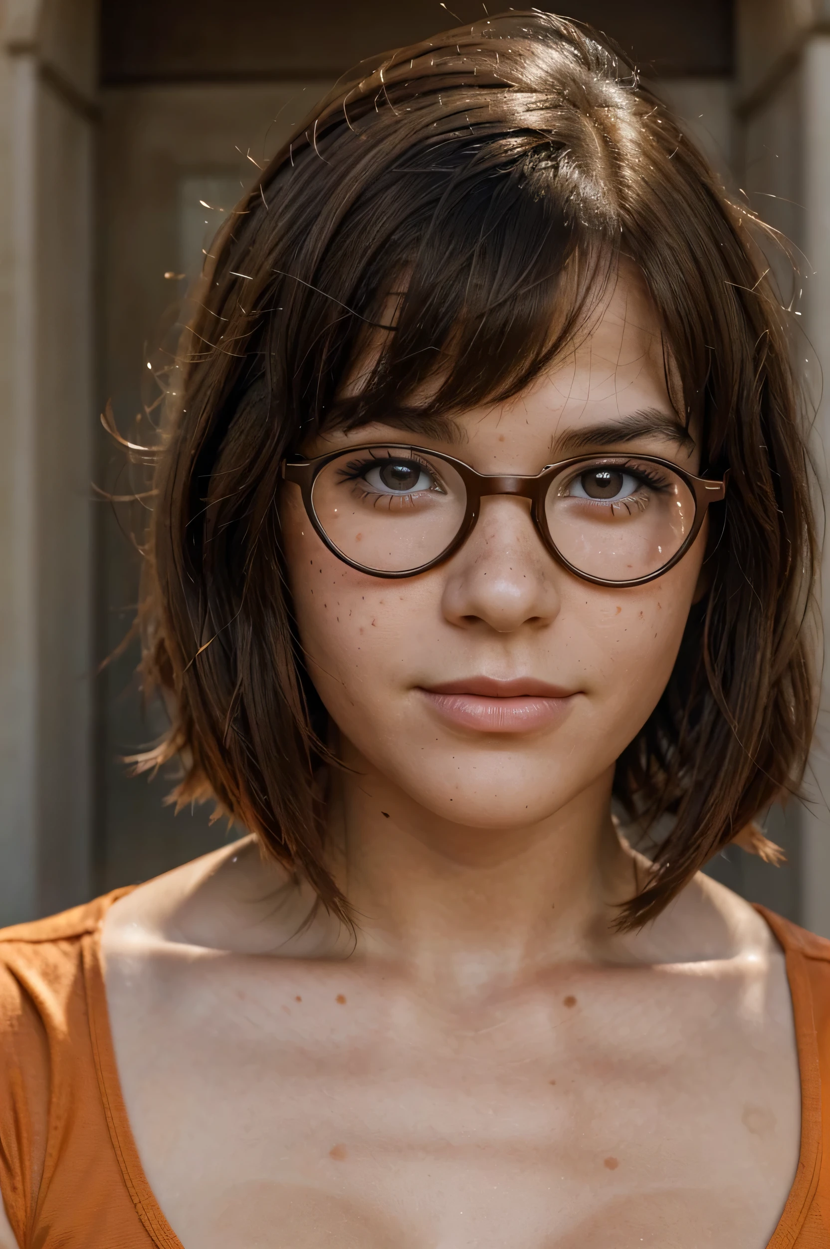 Close up portrait of Velma Dinkley from Scooby Doo face glasses deep visible pores freckles on her oily face brown eyes short pageboy hairstyle sweet youthful teenage face