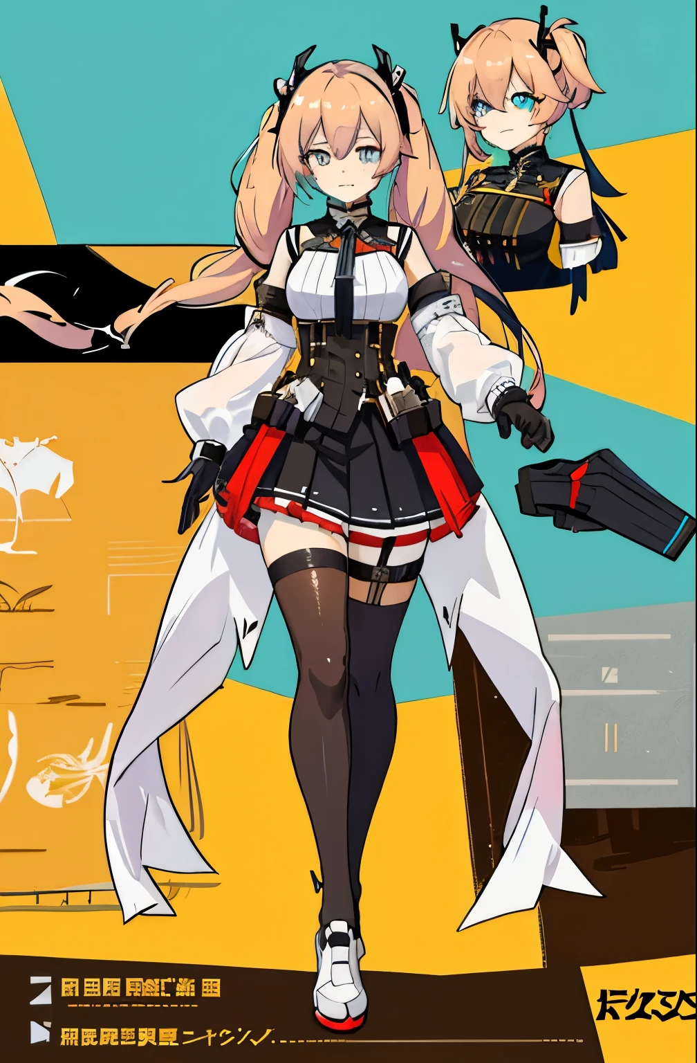 A drawing of a cat woman holding a gun, full body concept, detailed full body concept, rough line art, clean anime silhouette, clean line art, concept film, heavy silhouette, bold line art, art style, full body character drawing, full body portrait! ,,Character Design Beautiful Full Body Concept Art,Full Body Concept,((Character Concept Art)),Full Body Concept Art,Cat ear headphones, Cat ears, slit pupils, shy, seductive smile, light blush, high quality,yellow White tights, black leggings torn, cat's claw gloves, headphones on the head, a big cat on the back