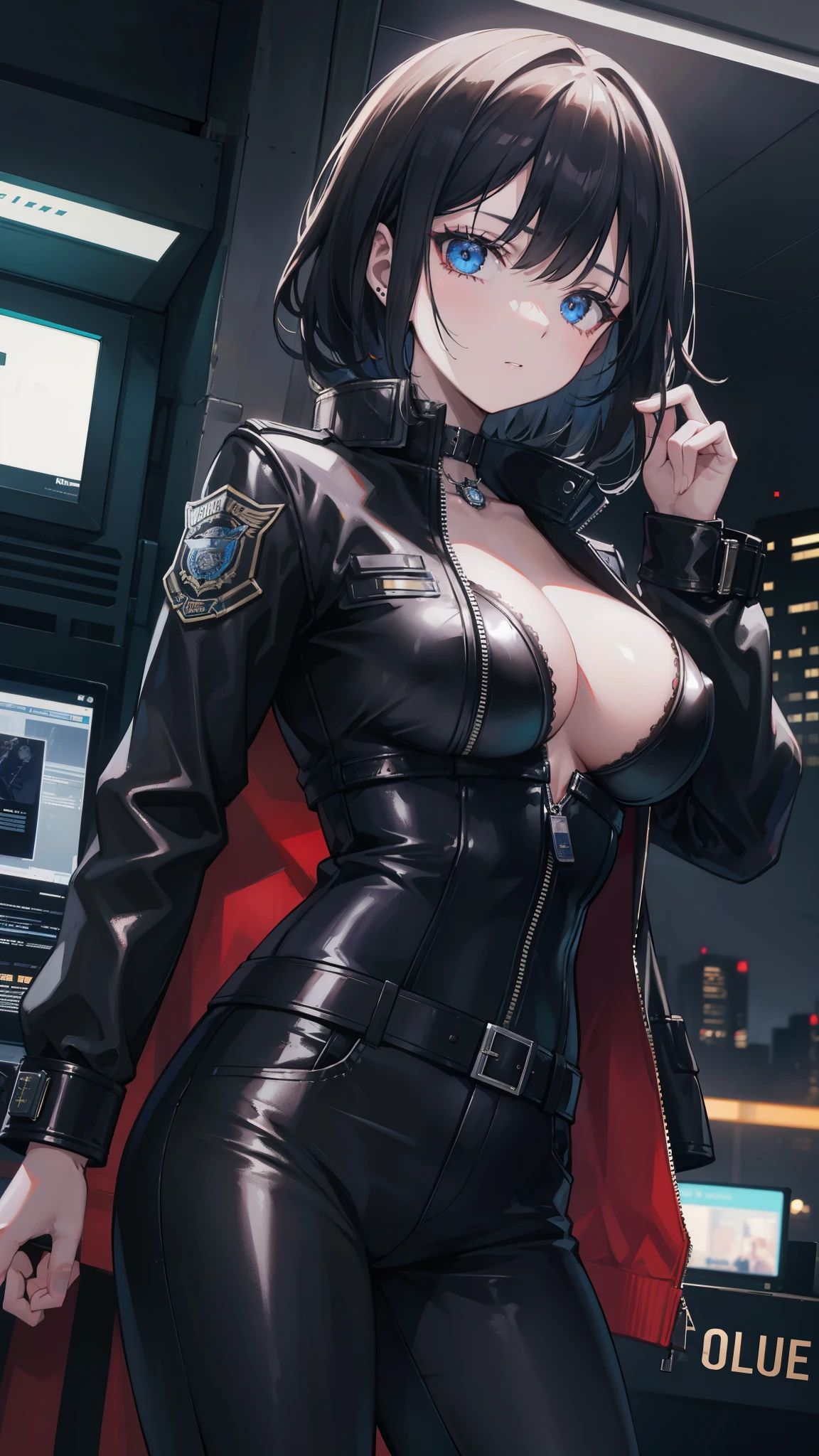 Portrait of Enhuis, beautiful face, Cyberpunk City at night. she is wearing a leather open jacket,lingerie, black jeans, dramatic lighting, (police badge:1.2).