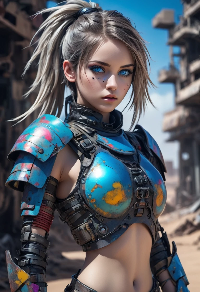 Dystopian style Beauty girl in colorfull armor,dressed on a naked body,big blue eyes,small neat nose,plump lips,long ponytail,futuristic desert,Nier Automata,hair developing on the wind,the hurricane,many details and colors,a dusty storm around,dinamic pose,post-apocalyptic,extremely detailed,intricate,dynamic light,excellent composition,cinematic atmosphere,rich vivid color,highly detail,sharp focus,luxurious,very inspirational,bleak,post-apocalyptic,somber,dramatic,highly detailed,