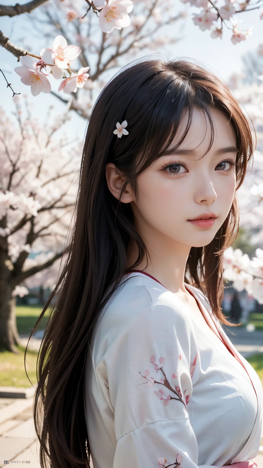 (Logo, Masterpiece, 8k, Tabletop, RAW Photo, Amazing, Top Quality, Photorealistic and Highly Detailed CG Integrated 8k Wallpaper, High Quality, Highly Detailed, Narrative Poetry, Particle Effects, Dynamic Effects, Character Boundary Depth, Cinematic lights, lens flares, ray tracing), fantasy, (single beautiful woman, white kimono, Japanese clothing, white cherry blossom pattern, white cherry blossom embroidery pattern, black hair, beautiful face, real face, beautiful eyes in detail, beautiful skin, long hair) Hair fluttering in the wind, long hair bouncing, long hair dancing in the wind), (cherry blossoms, cherry tree, cherry blossom petals dancing, cherry blossom blizzard, falling petals), hair fluttering in the wind, hair bouncing, pink cherry blossoms, Dancing petals, cherry blossom snowstorm, wonderful scenery, sunrise, background sun, wind, gods, teeth, stories of gods, vast land