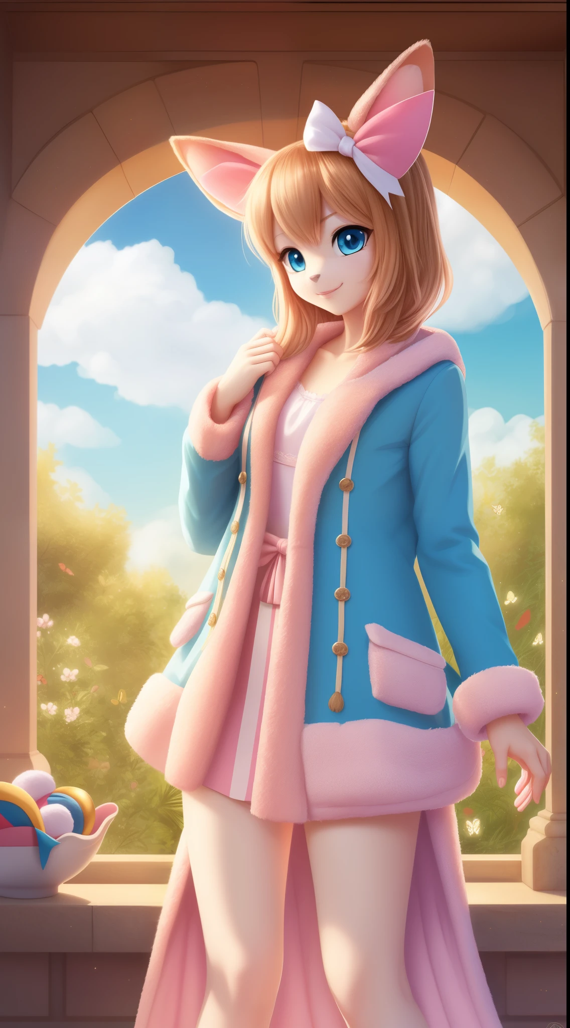 masterpiece, best quality, HD, ultra-detailed, vivid colors, Pokemon Sylveon, pink Evee, Fairy pokemon, Psychic pokemon, (furry:1.35), humanoid, humanization, anthropomorphic, on 2 legs, beautiful detailed blue eyes, big blue eyes, girly environment, Pink color palette, ((vanilla fur)), long pink fluffy tail and ears, detailed pink hair color, beautiful long pink bangs of hair with bows, curly strands of hair with bows, ((vanilla color cloth, cloth with mantle, fur coat:1.25)), butterflies floating around, happy pose, fluffy clouds in the sky