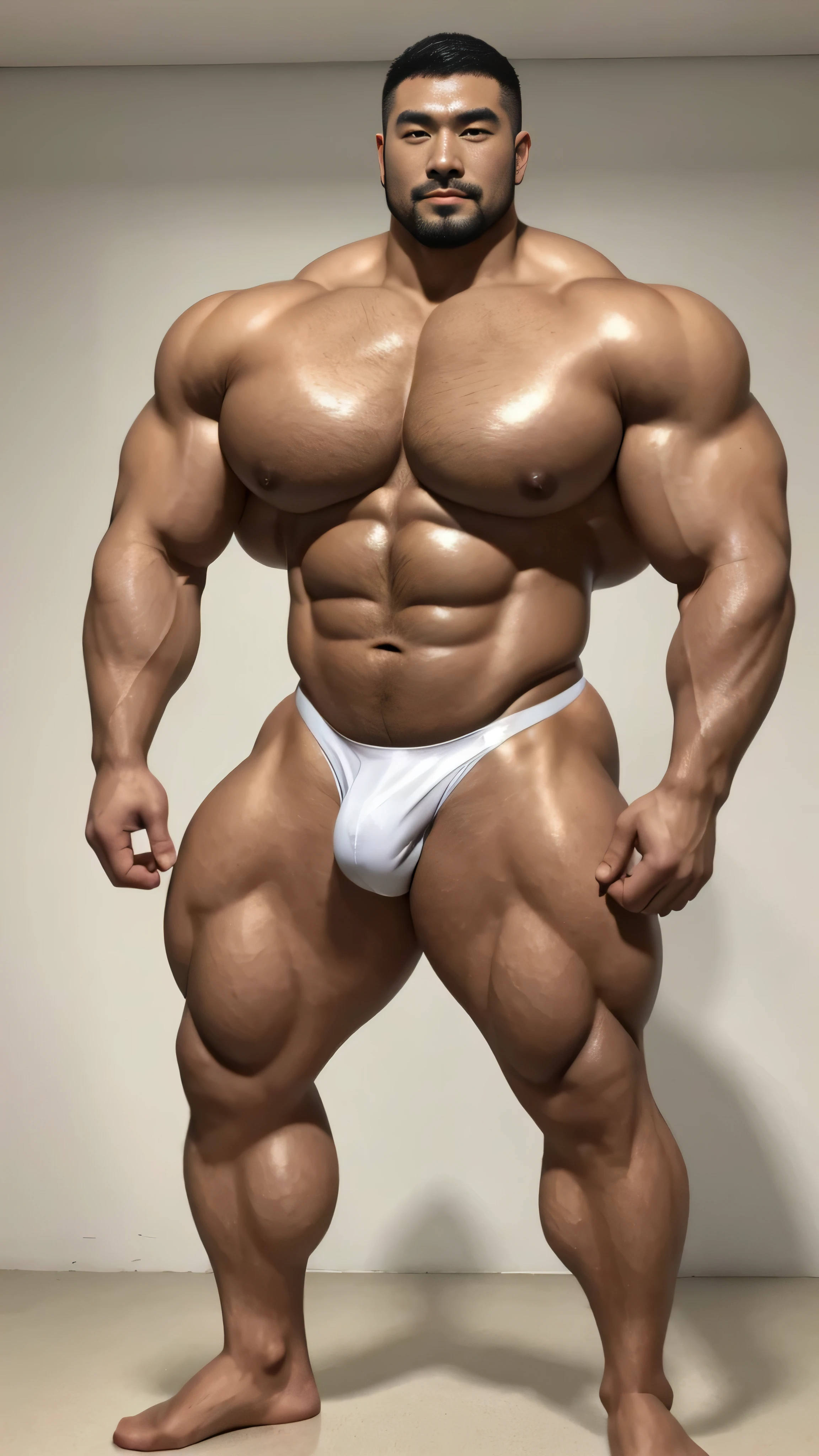 a chinese bodybuilder,30 years old,Tall and handsome, Toned body,short hair, O-shaped beard,Perfect body, Dark and shiny complexion,smooth skin,The body is hairless,Muscle bulge, muscular, Very big pecs,Very sexy abs,Leg muscles are very developed,Huge bumpy area,Brighten oily skin,Wearing a gold leather shiny thong,handsome face, Correct and accurate male body proportions, full-body shot, shiny muscular skin,wear white socks,standing in front of gray background board,Ultra-high-definition 4K picture quality。