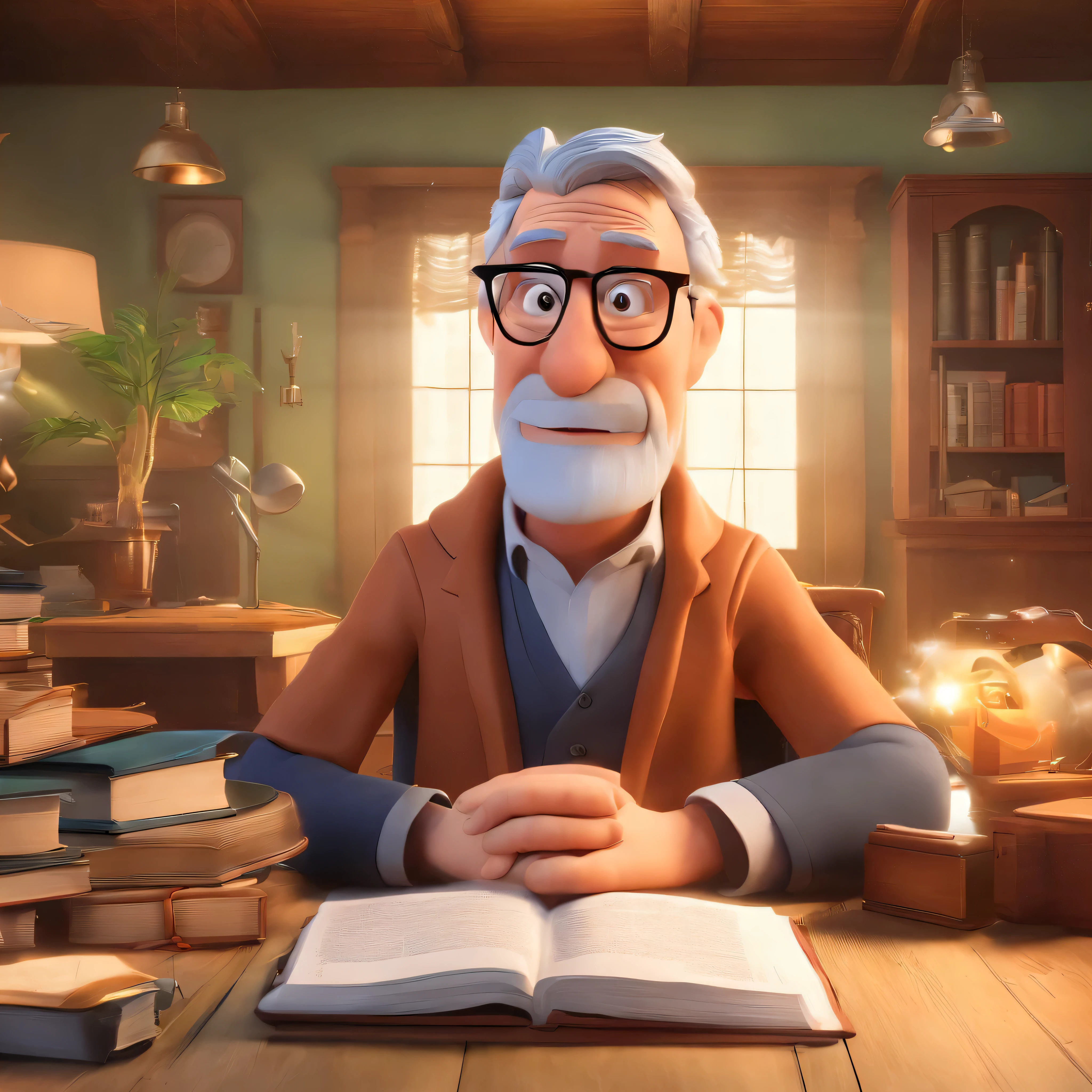 Crie um cartaz inspirado na Disney Pixar com o personagem sendo o pastor Rubens Janier, A gray-haired man wearing glasses, in an office with a Bible on the desk