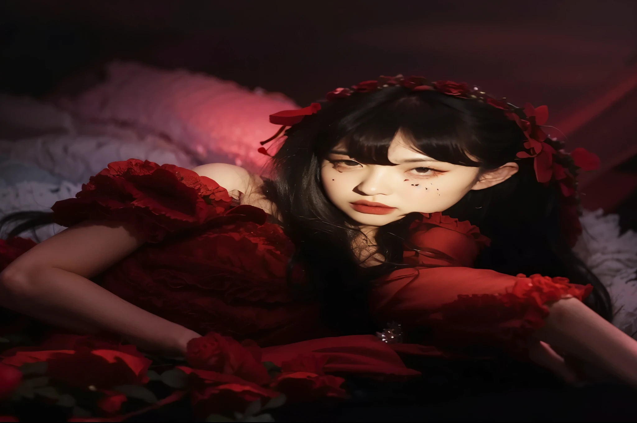 arafed woman in a red dress with roses in her hand, by Ayami Kojima, sha xi, portrait of radical lolita girl, masami kurumada, she looks like a mix of grimes, japanese gothic, belle delphine, fairycore, jingna zhang, mika kurai demon, 1 7 - - old me goth girl, guweiz, korean, red hair, asian, sana from twice