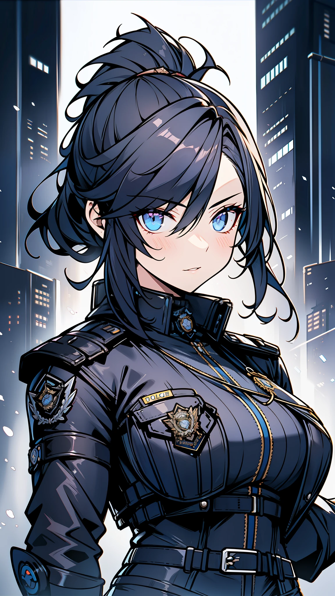 Portrait of Enhuis, beautiful face, Cyberpunk City at night. she is wearing a leather open jacket,lingerie, black jeans, dramatic lighting, (police badge:1.2).