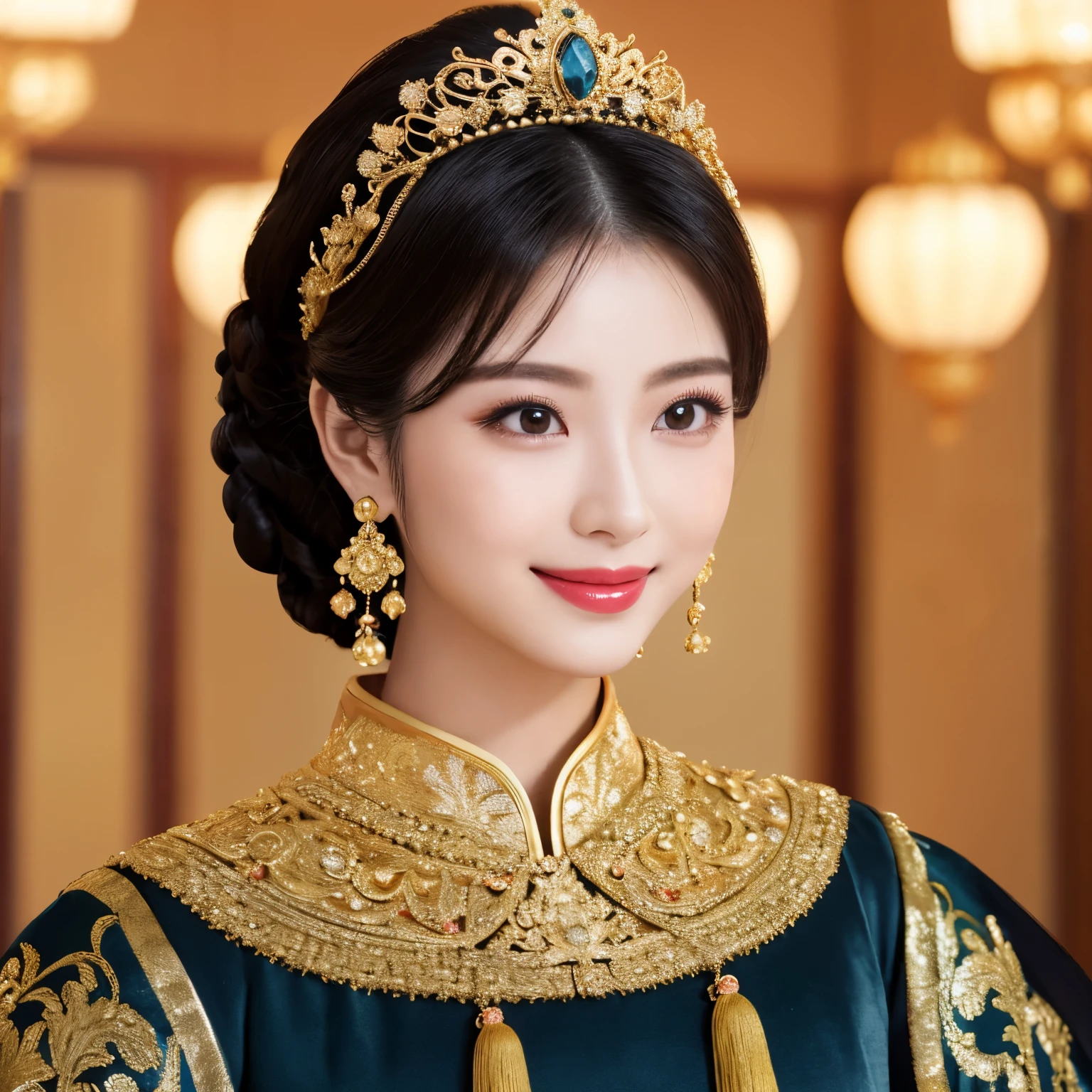 (highest quality、masterpiece、8K、best image quality、Award-winning work)、gorgeous princess of china、China's elegant and high-end costumes、chinese princess costume、China's finest hair ornaments、China's finest earrings、China's finest necklace、The most luxurious Chinese style princess room、perfect costume、the most complex and luxurious interiors、Unimaginable luxury、very intricate decoration、Perfectly organized and most natural Chinese style room、blurred background、the best smile looking at me、emphasize body line、(perfect anatomy:1.1)、(stand gracefully:1.1)、perfect makeup、bright lipstick、long eyelashes、Ultra high definition beauty face、ultra high definition hair、Super high-definition sparkling eyes、Ultra high resolution bright and glowing skin、Super high resolution glossy lips