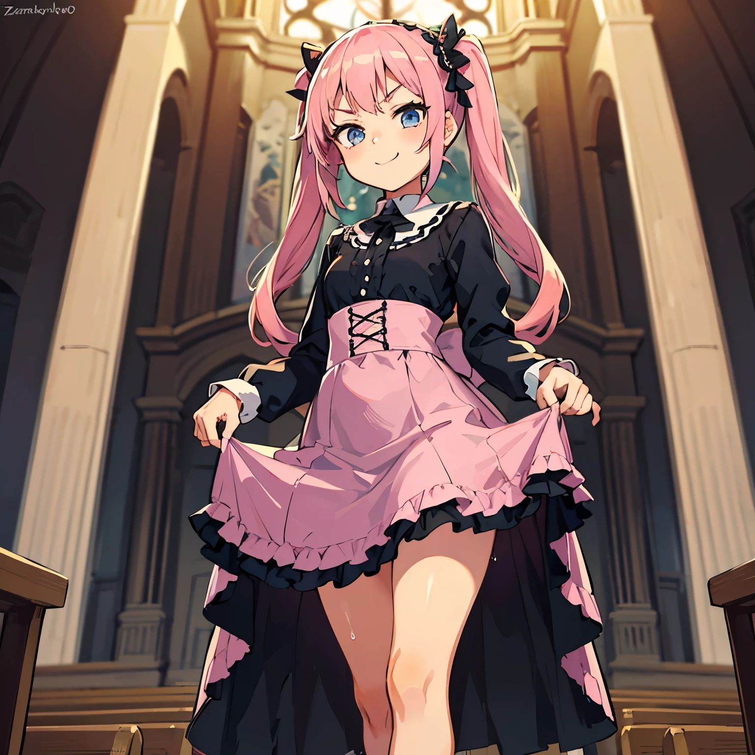 Girl with pink hair, long twin-tail hairstyle, small bushy eyebrows, dressed in gothic ta clothes, loli(Zankuro) drawing style by zankuro artist, Zancrow style, image uploaded to R34, walking to school, flirty smile, lifting her skirt to show her vagina wet with semen, standing in the middle of a church during mass