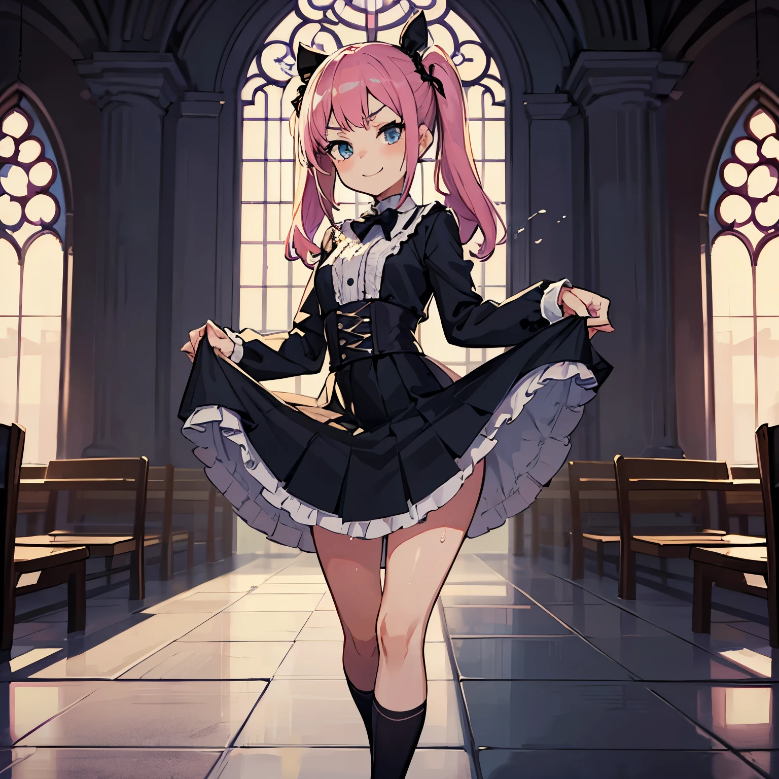 Girl with pink hair, long twin-tail hairstyle, small bushy eyebrows, dressed in gothic lolita clothes, lolicon (Zankuro) drawing style by zankuro artist, ザンクロー style, image uploaded to R34, flirty smile, lifting her skirt to show her vagina wet with semen, standing in the middle of a church during mass , ((having sex with the priest ))
