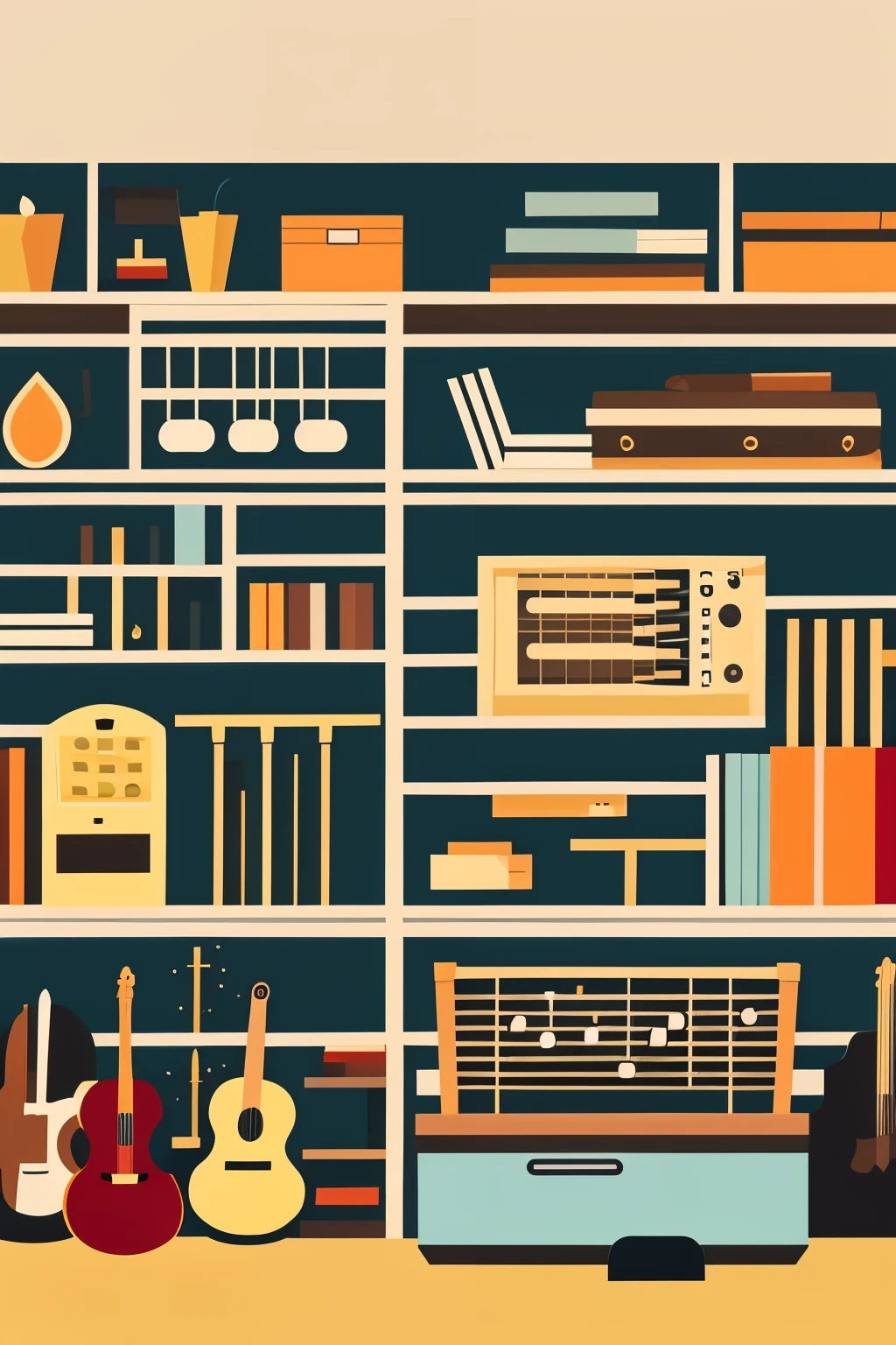 illustration of musical instruments on the shelf.