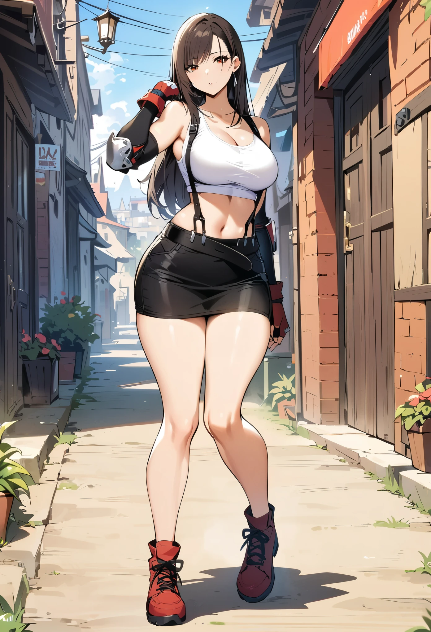 (masterpiece, best quality:1.2), 1girl, solo, full body, tifa lockhart, final fantasy, white crop top, elbow pad, fingerless gloves, suspenders, pencil skirt, white tshirt, sexy look, short skirt, miniskirt, pencil skirt