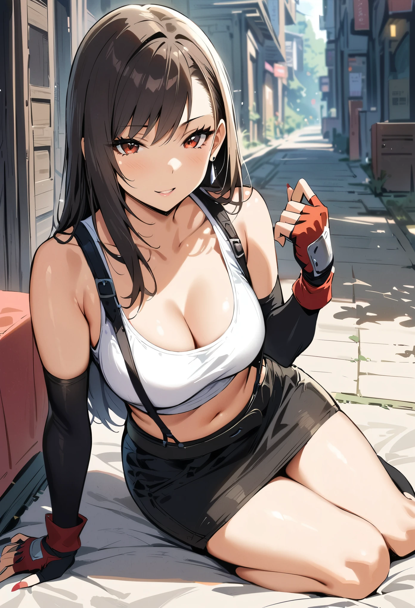 (masterpiece, best quality:1.2), 1girl, solo, full body, tifa lockhart, final fantasy, white crop top, elbow pad, fingerless gloves, suspenders, pencil skirt, white tshirt, sexy look, short skirt, miniskirt, pencil skirt
