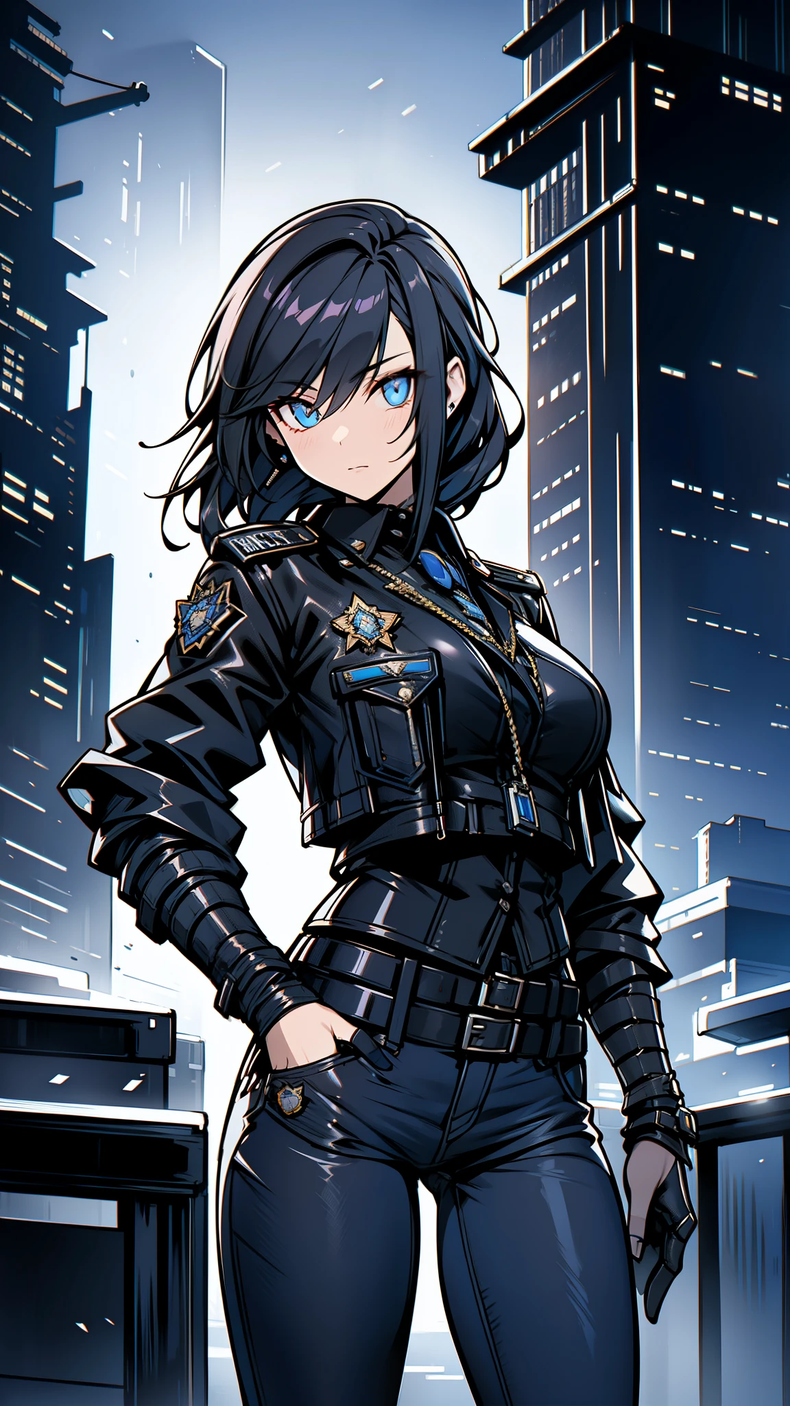 Portrait of Enhuis, beautiful face, Cyberpunk City at night. she is wearing a leather open jacket,lingerie, black jeans, dramatic lighting, (police badge:1.2).