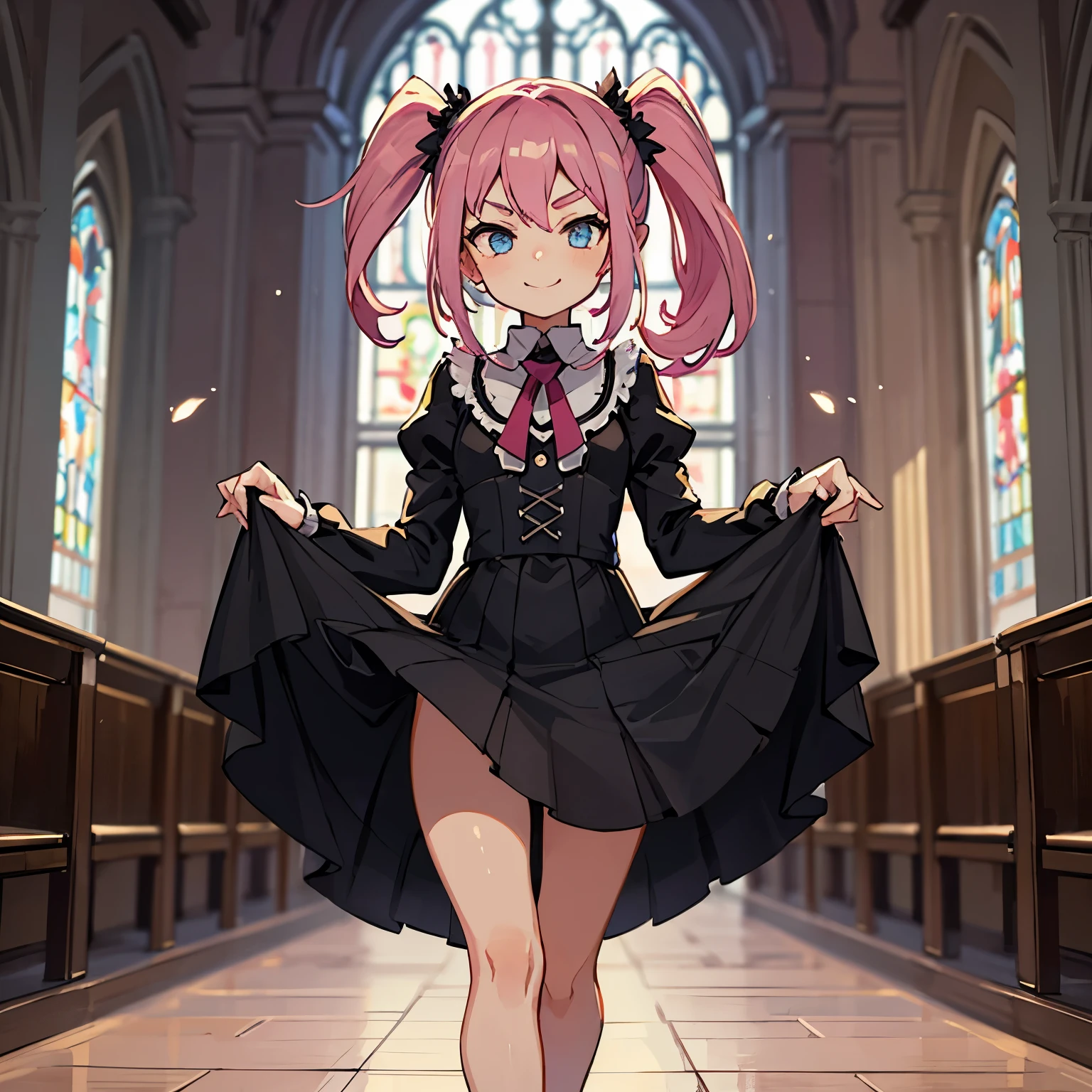 Girl with pink hair, long twin-tail hairstyle, small bushy eyebrows, dressed in gothic lolita clothes, lolicon (Zankuro) drawing style by zankuro artist, Zancrow style, image uploaded to R34, walking to school, flirty smile, lifting her skirt to show her vagina wet with semen, standing in the middle of a church during mass