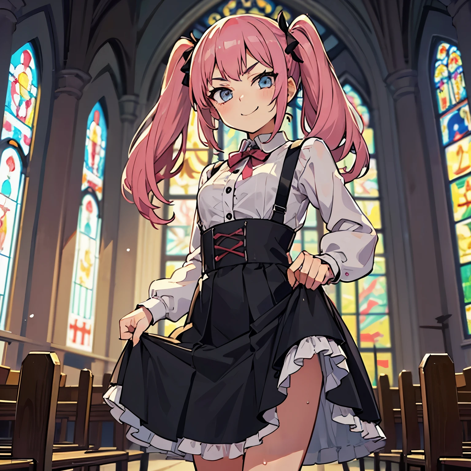 very cute and beautiful girl, Sakura Kinomoto, (beautiful face very detailed), (SMILE:1.15),blush,cowboy shot,looking at the viewer,down on my knees, (elegant blue plaid lolita dress with detailed ruffles),detailed lace,skirt lift,(white panties), altar,church,inside, (Best Quality,Masterpiece:1.0),absurdities,high resolution,ultra detailed,extremely detailed,32k,8K resolution, intricate details,movie scene,detailed background,Alone,dynamic angle,