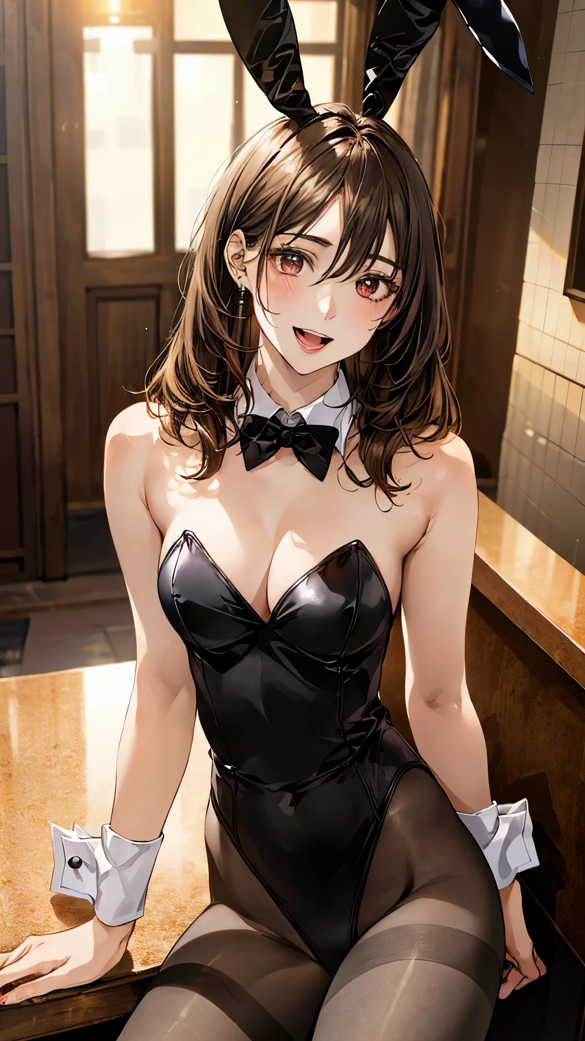 (masterpiece:1.3, top-quality, ultra high res, ultra detailed), (realistic, photorealistic:1.4), beautiful illustration, perfect lighting, natural lighting, colorful, depth of fields, nfsw,
looking at viewer, 1 girl, japanese, 15 years old, perfect face, (perfect anatomy), cute and symmetrical face, baby face, shiny skin,
(middle hair:1.7, straight hair:1.5, light brown hair), hair between eyes, red eyes, long eye lasher, (large breasts:0.8, seductive thighs, big ass),
beautiful hair, beautiful face, beautiful detailed eyes, beautiful clavicle, beautiful body, beautiful chest, beautiful thigh, beautiful legs, beautiful fingers, break,
((black playboy bunny)), collar, cuffs, pantyhose, high heels,
(beautiful scenery), day time, (bar counter), sitting, (seductive smile, upper eyes, open mouth small),