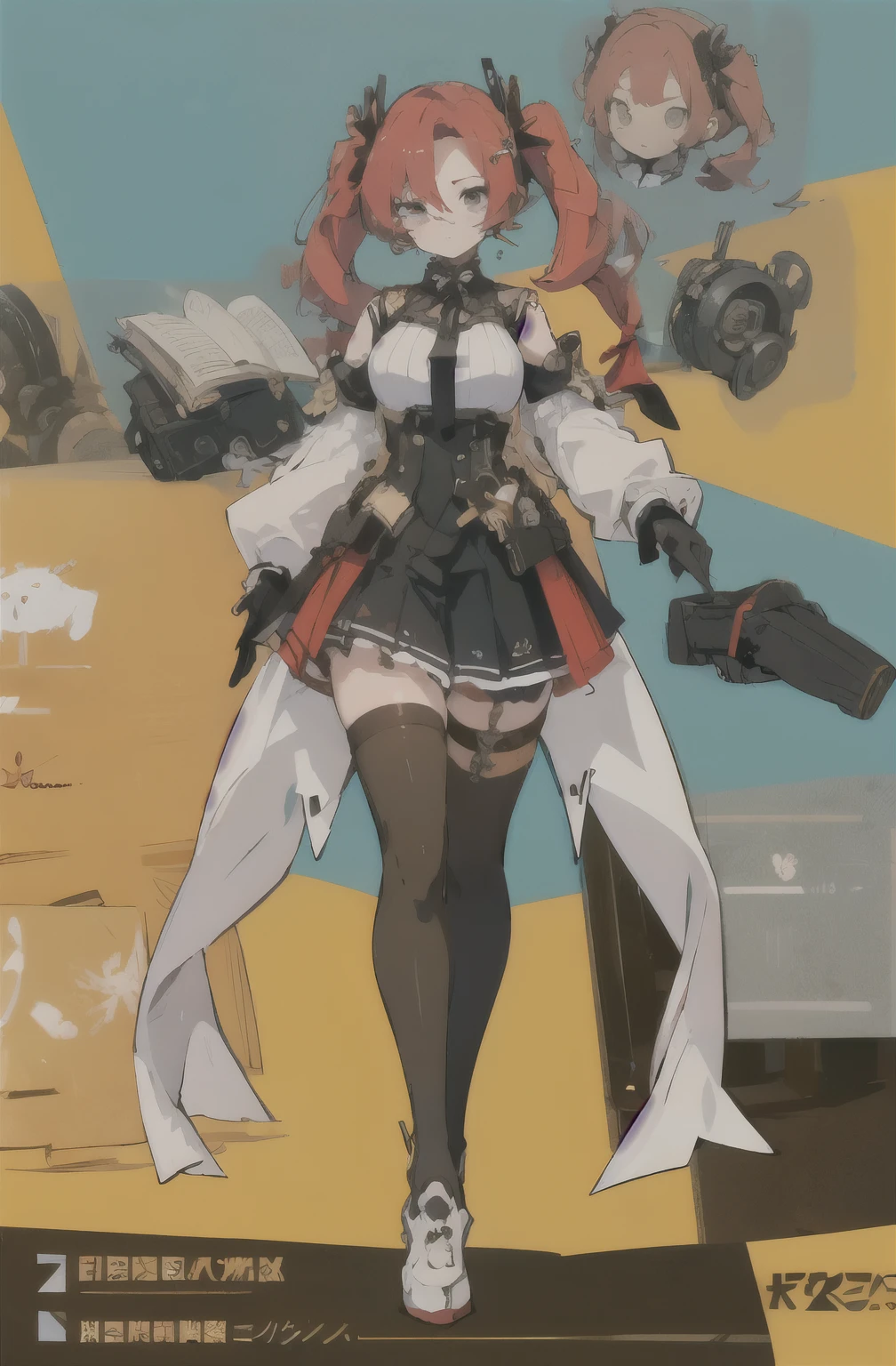 thick thighs, big breasts, curvy body, 1 Russian woman, tall, white hair, styled with a bun and half-sided bangs, Full face mask, black mask, pearl necklace, Elegant ashanka hat, Elegant black dress, black heels, With a prosthesis that is a grenade launcher, black dahlia skullgirls