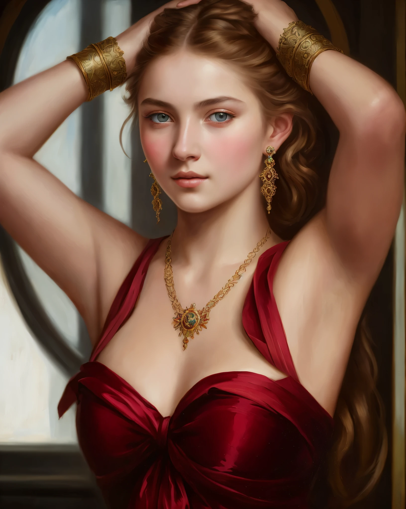 portrait, girl, middle ages, classicism, andrey atroshenko style, painting, pierced eyes, beautifully styled hair, traditional media, realistic, figurative, fine art, oil on canvas, HDR, 8K, original character, high resolution, high detail, focus on the face, beautiful eyes , perfect fingers, intricate details,