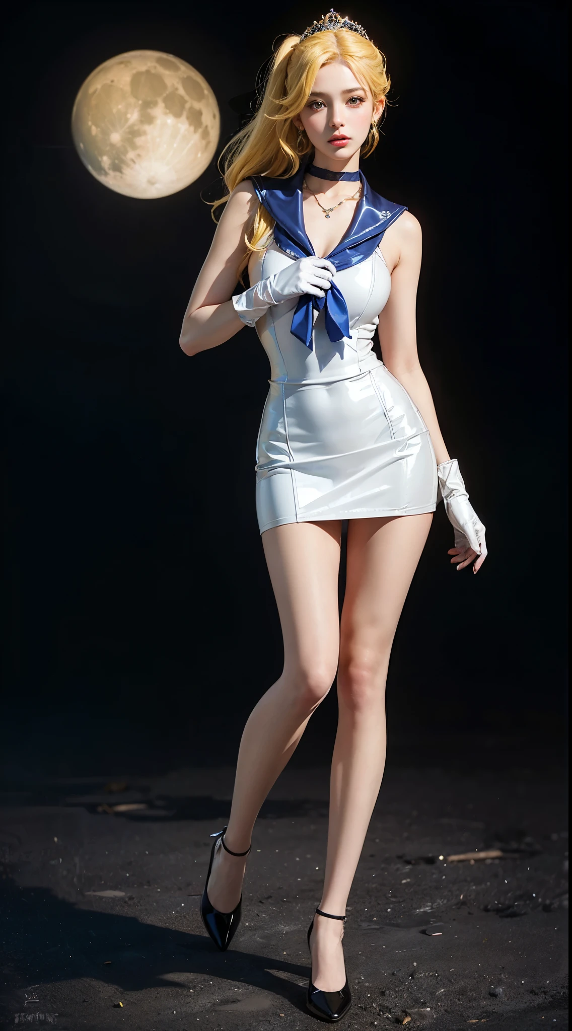 ((masterpiece:1.4)、(highest quality:1.4)、(realistic:1.7))、master piece:1.4、(Finest rendering:1.4)、beautiful girl、(beautiful girl戦士セーラームーン:1.4)、moon野うさぎ、Body fit sexy sailor warrior uniform、(shiny latex:1.4)、(The jacket is a white sleeveless sailor uniform....)、(Skirt Blue Sexy Ultra Ultra Pleated Mini Skirt)、There are two thin blue lines on the collar of the sailor uniform................、high leg swimwear、red cloth decoration on chest、(wearing white gloves)、cute girl、Super beautiful、sharp focus、portrait photography:1.4、8k、realistic photo images:1.4、(perfect female body:1.4)、perfect proportions、(full body photography:1.4)、beautiful face、beautiful eyes、narrow waist:1.4、(9 life size beautiful style girl:1.4)、(足が長くスタイルの良いbeautiful girl:1.4)、beautiful feet、(yellow hair:1.4)、(long hair:1.2)、(ponytail:1.2)、beautiful breasts、big breasts:1.2、sexy butt、Raw photo、red lips、red high heels:1.4、choker:1.4、necklace:1.4、earrings:1.4、luxurious golden tiara:1.4、1 screen display、moon、universe、universe船、universeステーション、city of the future