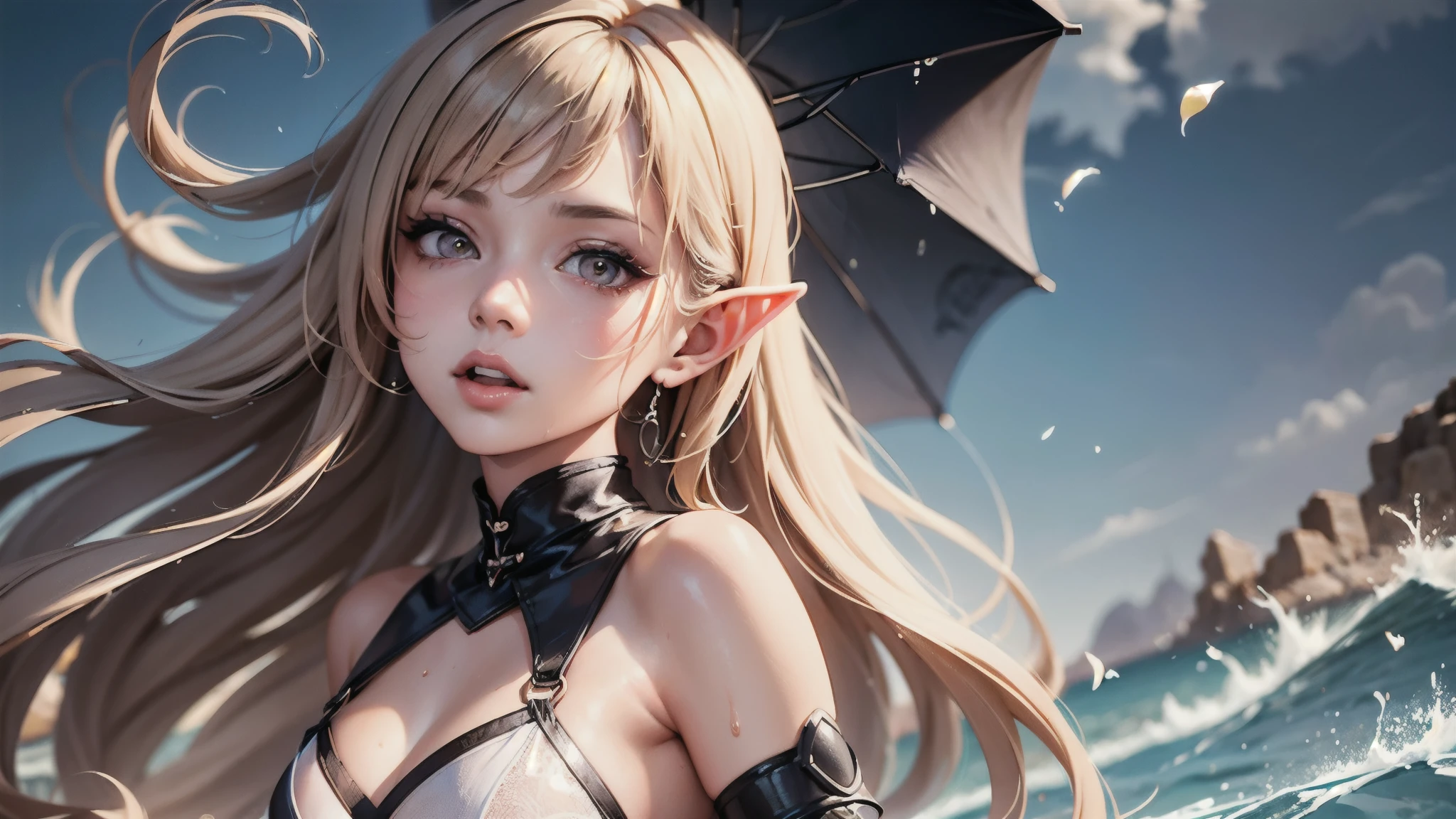 Girl with orange eyes and orange hair in a white dress, Detailed digital art, elf, seductive girl, Detailed art, Detailed artwork, Gouvez, clean Detailed art, 8k high quality detailed graphics, loish and splash, beautiful girl, artwork in the style of Gouvez, Beautiful seductive woman , sea, rain , wet , ultra detailed, masterpiece,Best quality,Ultra detailed,very detailed illustrations,extremely detailed,complex parts,A high resolution,супер complex parts,extremely detailed 8k cg wallpaper, caustic,reflection,ray tracing, 1 girl:1.4), One, One, detailed background, ((masterpiece)), absurdity, HDR, (Classic headshot pose), extremely detailed 8K wallpaper,masterpiece,A high resolution,Detailed manga illustration,