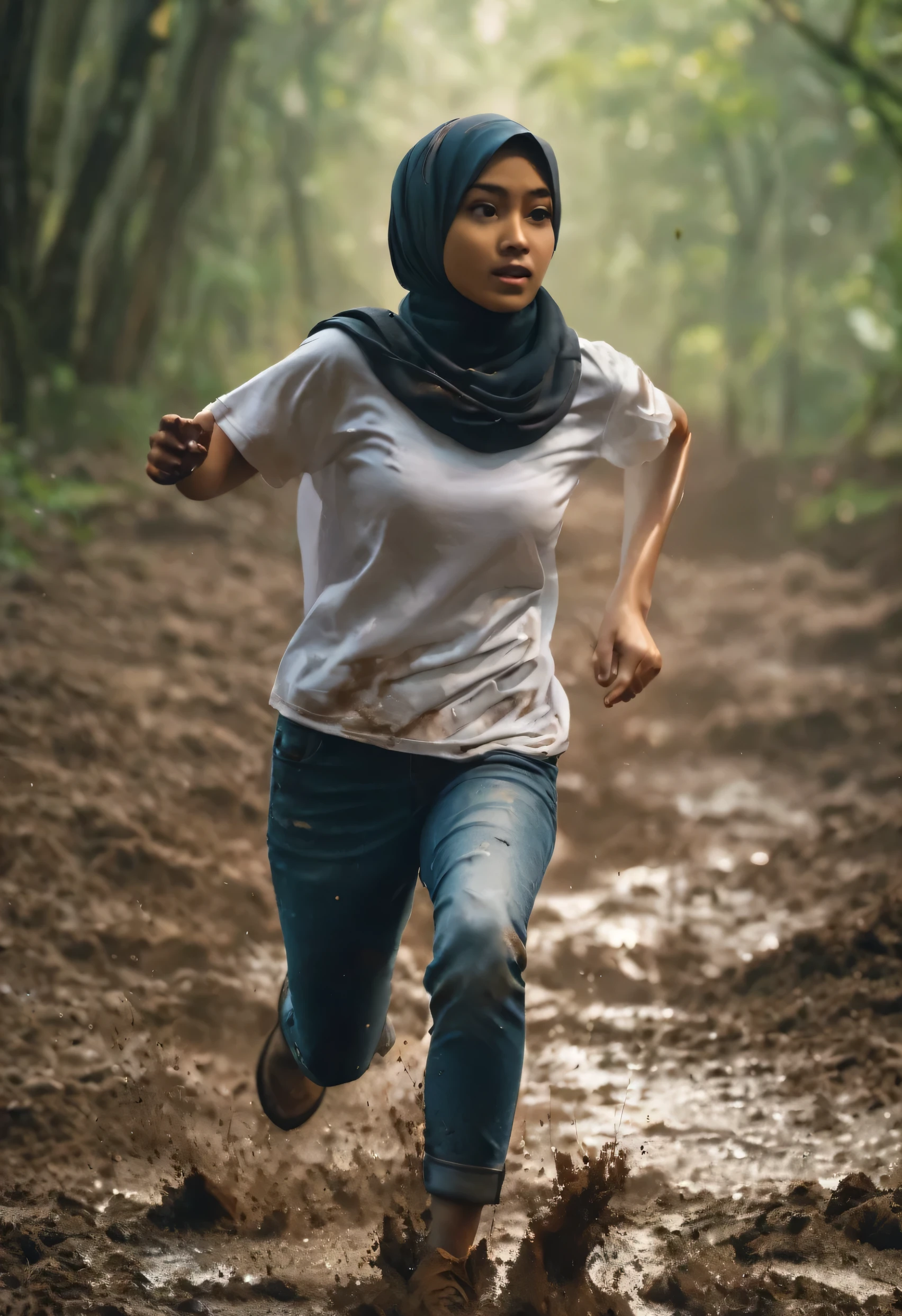 A Indonesian girl in hijab desperately fleeing from zombie at the forest, hijab disheveled, white plain tshirt stained and jeans, running through mud, her jeans hanging down, white skin, smooth skin, stunningly beautiful face, detail, photorealistic, 8K. High quality, ultra detail, cinematic color, dramatic lighting, movie shot framing and angle,28mm, Establishing shot, muted color grading, cinemascope,