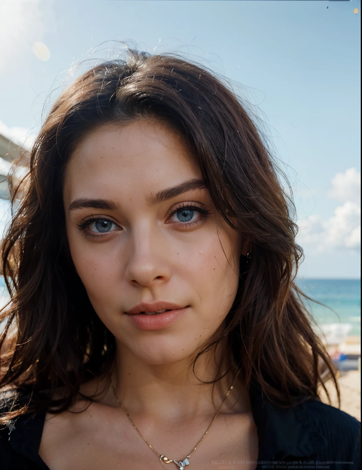 Beautiful woman with blue eyes and a black shirt, realistic painting, photorealistic digital painting, smooth. digital painting, realistic portrait, realistic detailed face portrait, bright sunny day beach background 