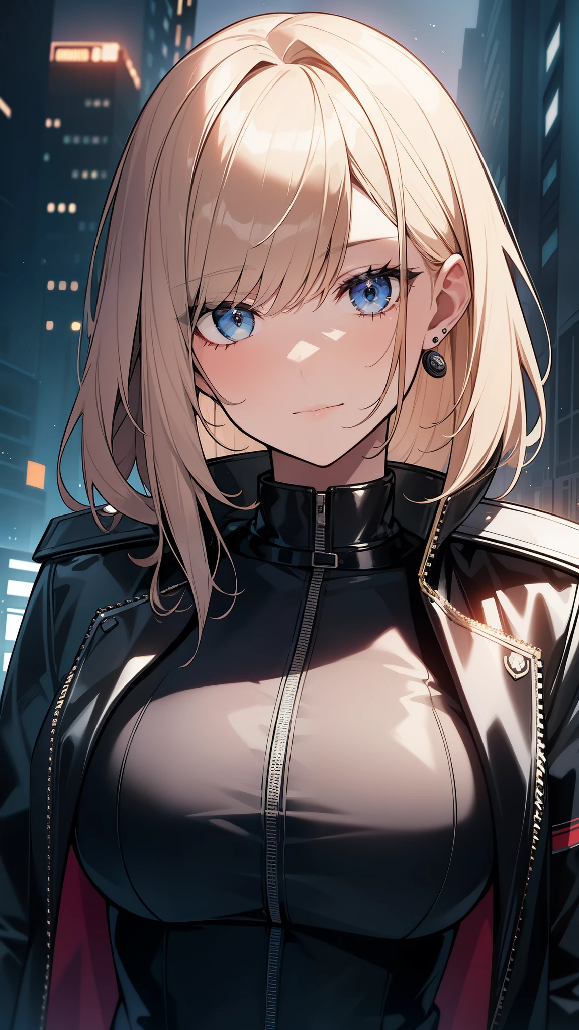 最high quality,very detailed,high quality,Extremely detailed,masterpiece,Super fine,ultra high resolution,超high quality,super realistic、(1 person:1.2)、woman、(Mature:1.5)、Blonde Hair Color、(Braid)、(Captivatingly shining purple eyes)、big breasts 、slender body、(smile:1.3)、Outlaw of the Wilderness, Black leather jacket, patch, retrofuturism, fall out
