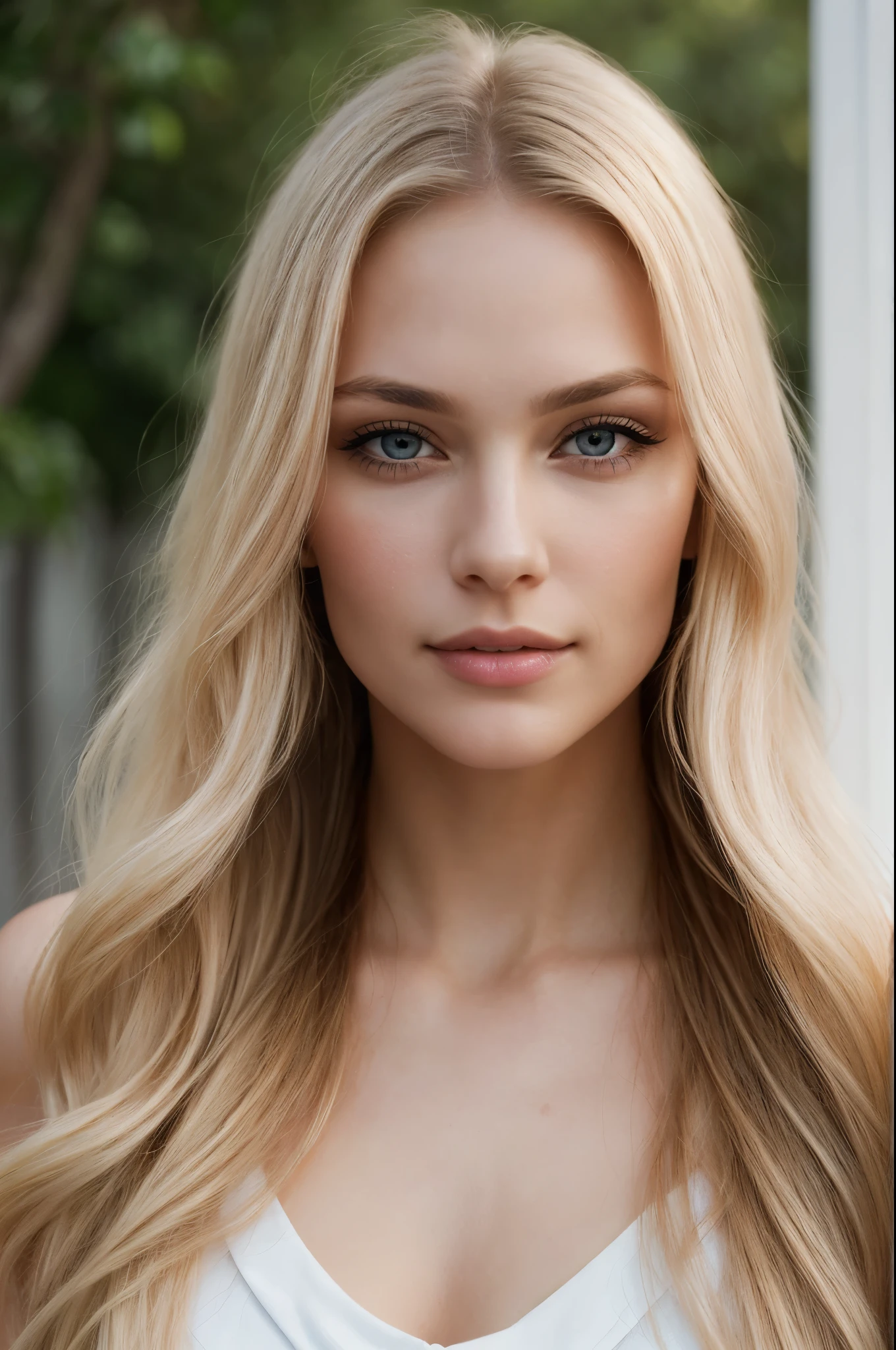 Front view portrait of a stunningly beautiful young woman, aged 25, with a captivating gaze and a top model's athletic build. Her blonde hair cascades down her shoulders in soft waves, framing her oval face with its delicate features and striking black eyes, which seem to hold an intriguing slight smile. Her big, expressive eyes radiate a seductive allure that is impossible to ignore. With her radiant white skin, she exudes an ethereal and vitally alive appearance, hailing from the land of the midnight sun – Sweden. The masterpiece unfolds in an ultra-realistic, super detailed 8k image, with her wearing a translucent