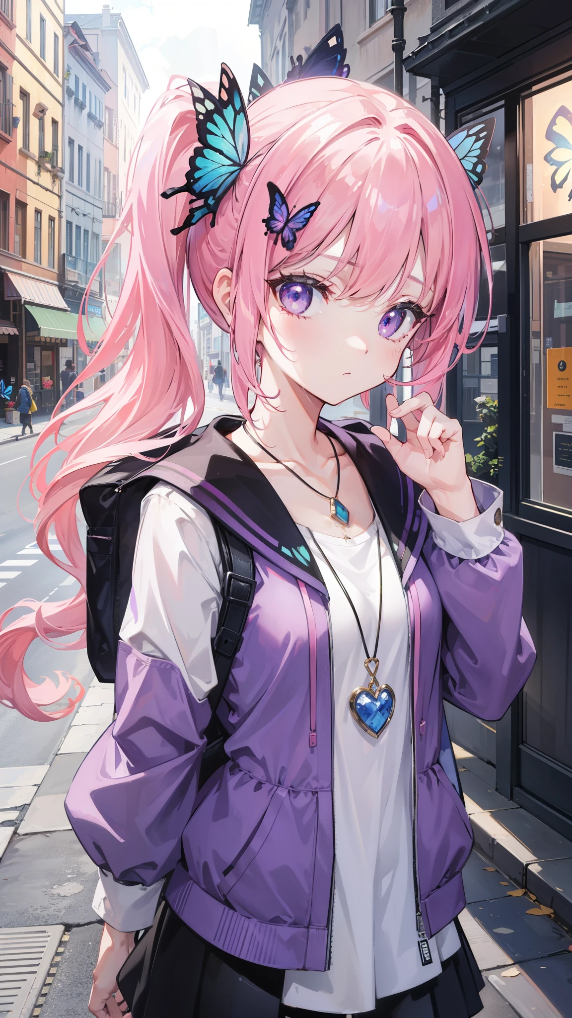 32k, best quality, ultra high res, HDR, UHD, extremely detailed CG unity 32k wallpaper, (((cute gal))), (streets of the world background), ultra quality hair, pink hair, ultra quality eyes, purple eyes, side ponytail, (butterfly hair ornament), peek from below, carry a backpack, (((face focus))), (((looking at another))), lapis lazuli necklace, 