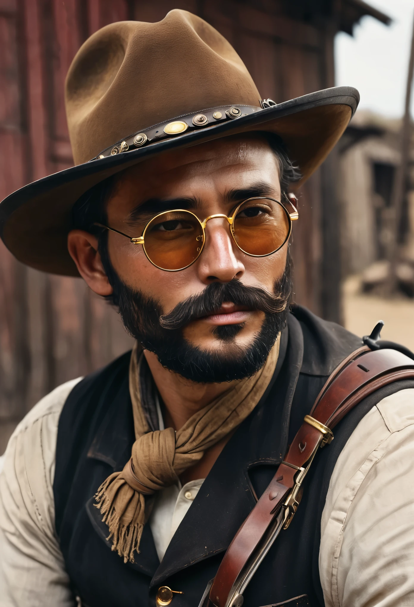hunt showdown, man with a full, short beard, round, gold-rimmed metal glasses, wearing a typical dark brown western cowboy hat, black undercut hair. 1866, old-west style, holding a pistol winchester in his hand and a typical long-barreled rifle hanging from his right shoulder strap. all background the same as red dead redemption 2 with horses, golden sun, dust. in the city of valentine. like real photos. real person. on his shoulder an old long rifle smoking, chapeu simples marrom escuro, Antique round gold prescription glasses with transparent lenses and strapped only on the nose. idade entre 30 - 35 anos