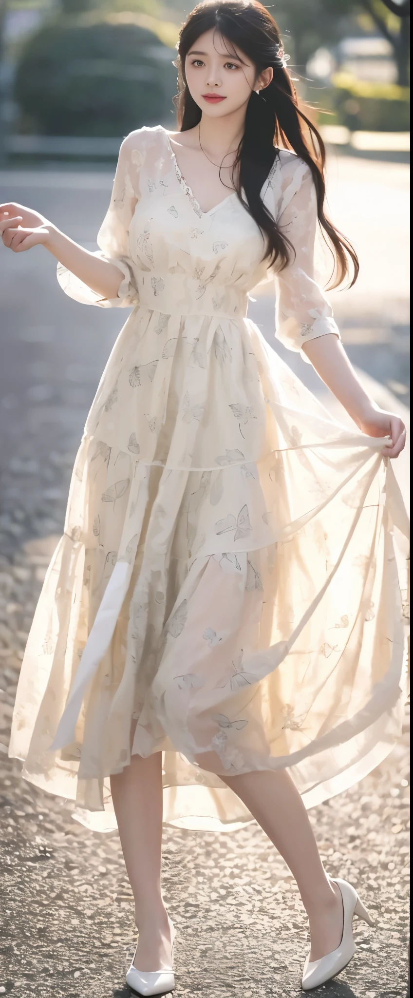 Top Quality, 8K, Masterpiece: 1.3) Poetic shot, hazy light, aestheticism, melancholic film of a woman in a dress half crouching on a green park road, frontal shot, fan in left hand, flowing hem, butterflies on the dress, v-neckline and long sleeves, fan in left hand, ethereal, atmospheric, soft, sunset light, summer, light, full body, Professional Photography, soft light , clear details, high definition, professional photography style. High Definition, Professional