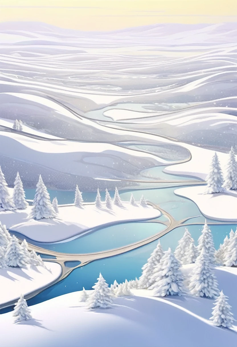 An aerial shot of a vast, ultra-wide-angle scene with only white snow.(no tree) Endless winter snow scene, ultra-wide angle scene, high definition,best quality, Very detailed, masterpiece, Illustration in surreal art style，Surreal dream, high definition, exquisite and beautiful