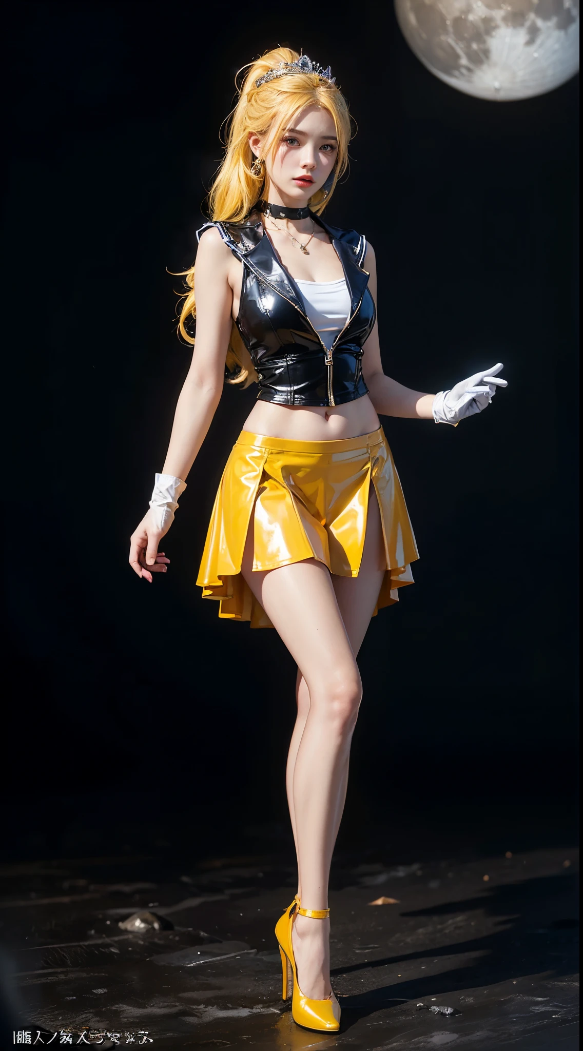 ((masterpiece:1.4)、(highest quality:1.4)、(realistic:1.7))、master piece:1.4、(Finest rendering:1.4)、beautiful girl、(beautiful girl戦士セーラームーン:1.4)、moon野うさぎ、Body fit sexy sailor warrior uniform、(shiny latex:1.4)、(The jacket is a white sleeveless sailor uniform....)、(Skirt Blue Sexy Ultra Ultra Pleated Mini Skirt)、There are two thin blue lines on the collar of the sailor uniform................、high leg swimwear、red cloth decoration on chest、(wearing white gloves)、cute girl、Super beautiful、sharp focus、portrait photography:1.4、8k、realistic photo images:1.4、(perfect female body:1.4)、perfect proportions、(full body photography:1.4)、beautiful face、beautiful eyes、narrow waist:1.4、(9 life size beautiful style girl:1.4)、(足が長くスタイルの良いbeautiful girl:1.4)、beautiful feet、(yellow hair:1.4)、(long hair:1.2)、(ponytail:1.2)、beautiful breasts、big breasts:1.2、sexy butt、Raw photo、red lips、red high heels:1.4、choker:1.4、necklace:1.4、earrings:1.4、luxurious golden tiara:1.4、1 screen display、moon、universe、universe船、universeステーション、city of the future