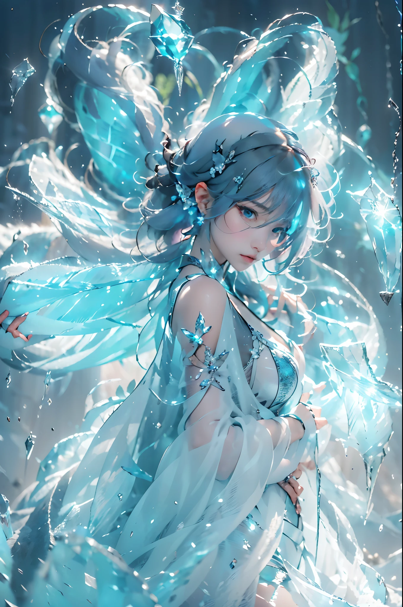 (((1 girl)))，dynamic poses，（Crystal dress：1.5），（magic circle：1.2），magic circle，blue concentric circles，ice crystals，concentric circles of frost，(((icicle)))，Ice mist，Ice particle effects，（Ice butterfly：1.2），Amazing results，,best quality,masterpiece,ultra high resolution,detailed，8K resolution,chiaroscuro，NVIDIA RTX