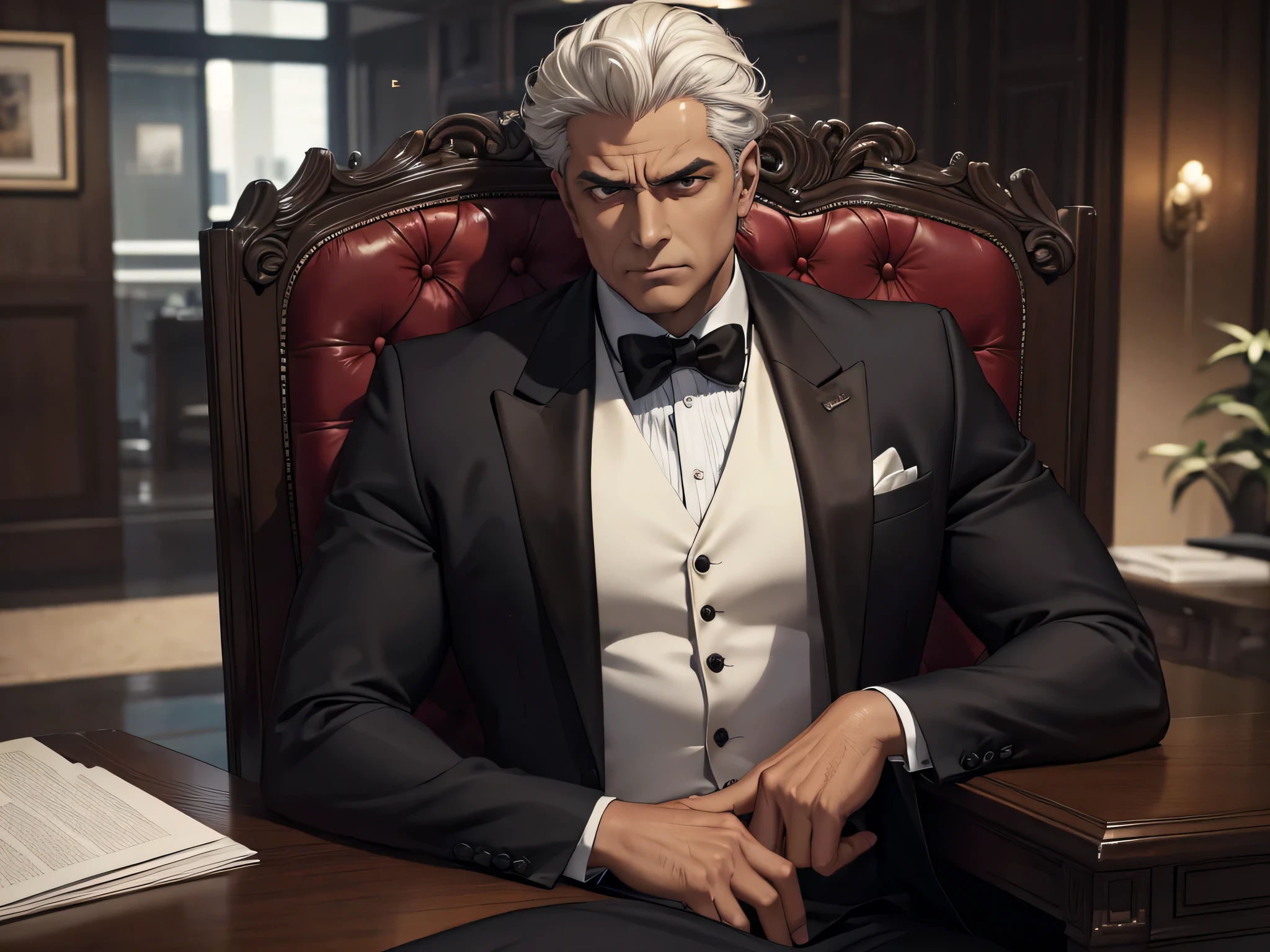 ultra-detalhado, high definition image of a middle aged man, etnia marrom, com curto, cabelos brancos cacheados, vestido com um terno escuro elegante e formal, sitting at the table in an important office, looking like a villain, dark expression (obra de arte)